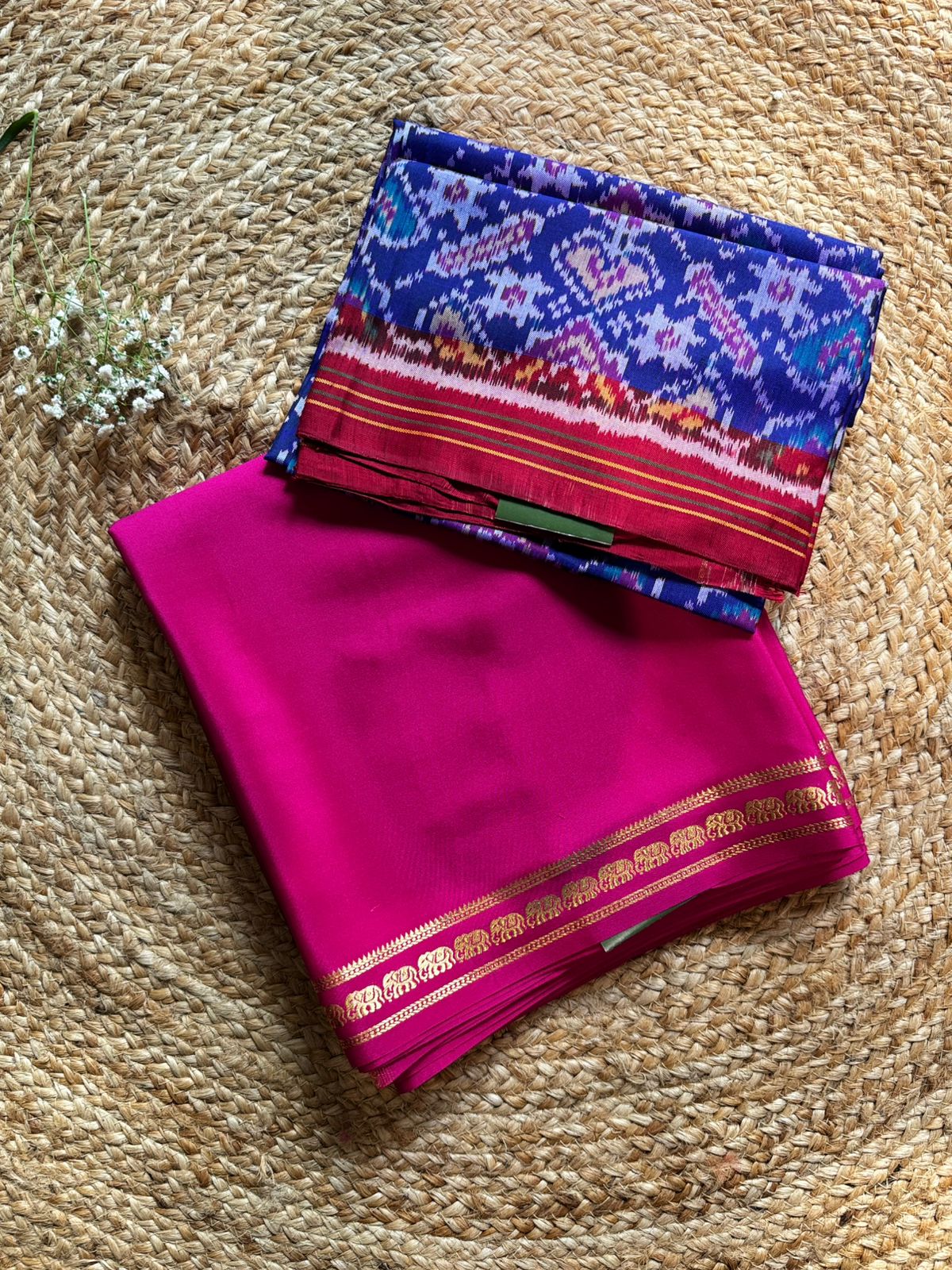 Pink small border pure zari mysore saree 104 silk with pure patola blouse piece