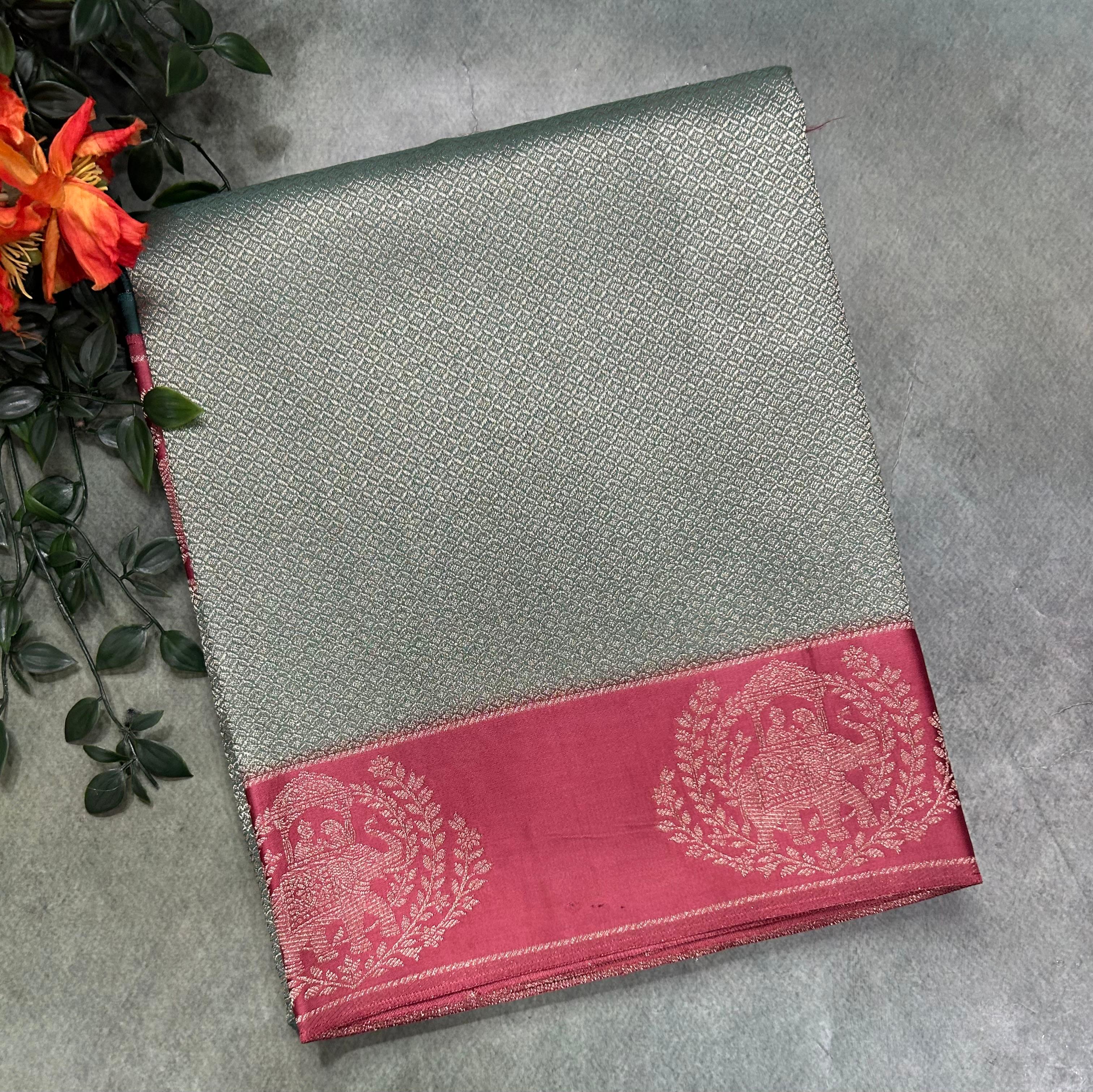 Light rama green satin border brocade semi tissue 104 saree