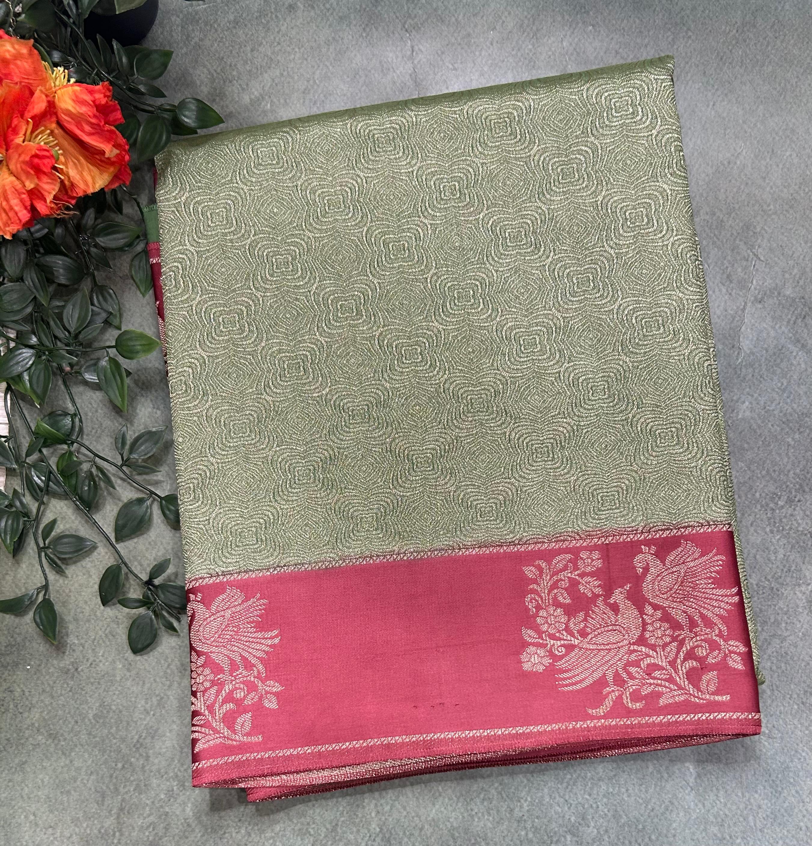 Pastel green satin border brocade semi tissue 104 saree