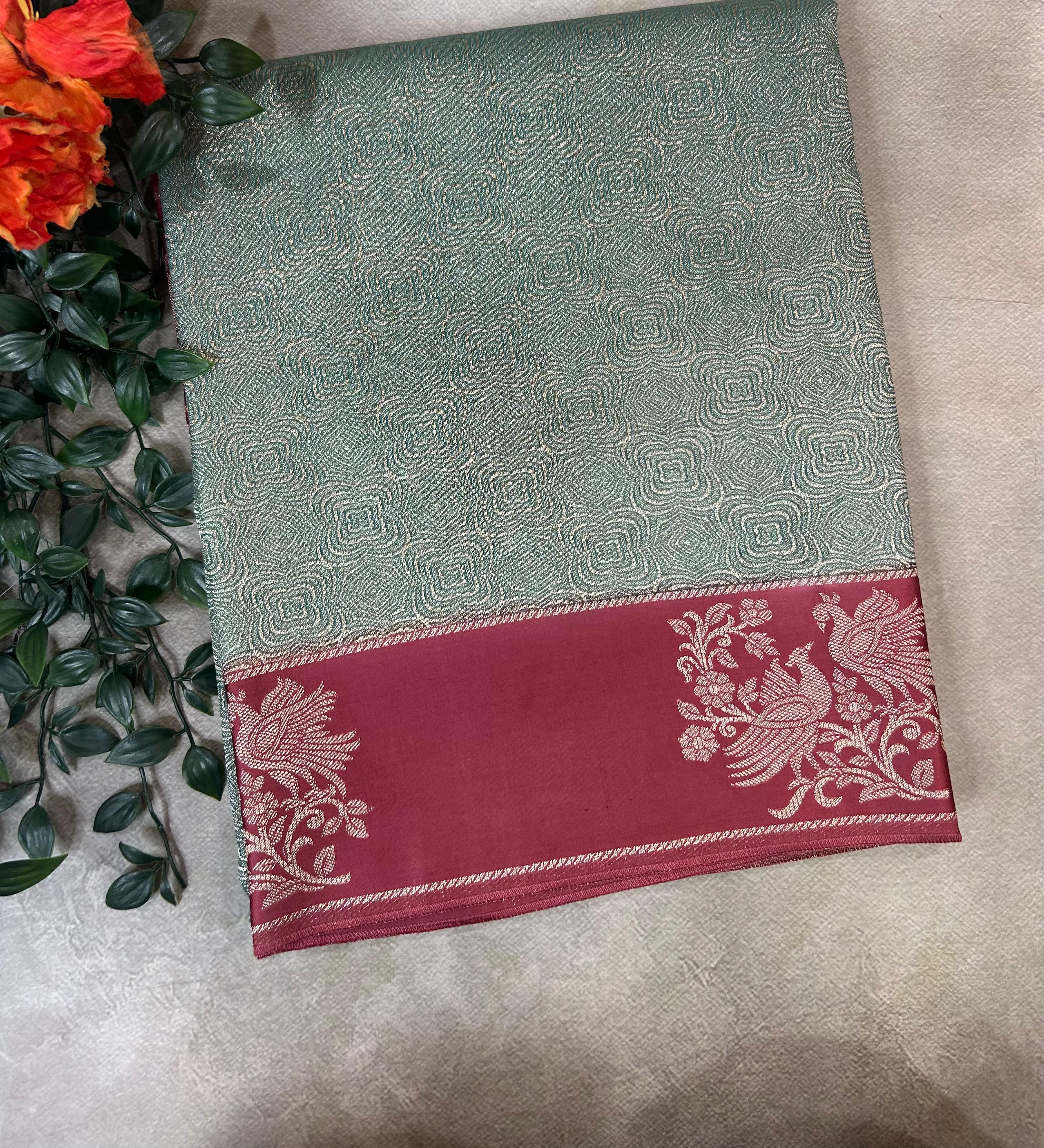 Pastel blue satin border brocade semi tissue 104 saree