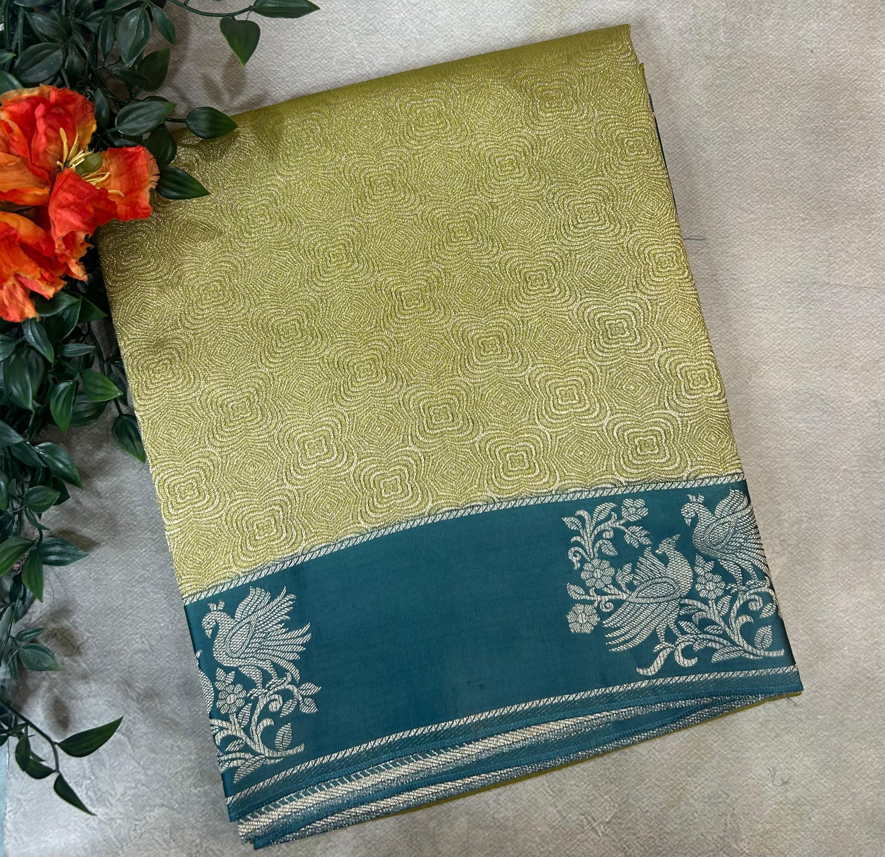 Mehendi green satin border brocade semi tissue 104 saree