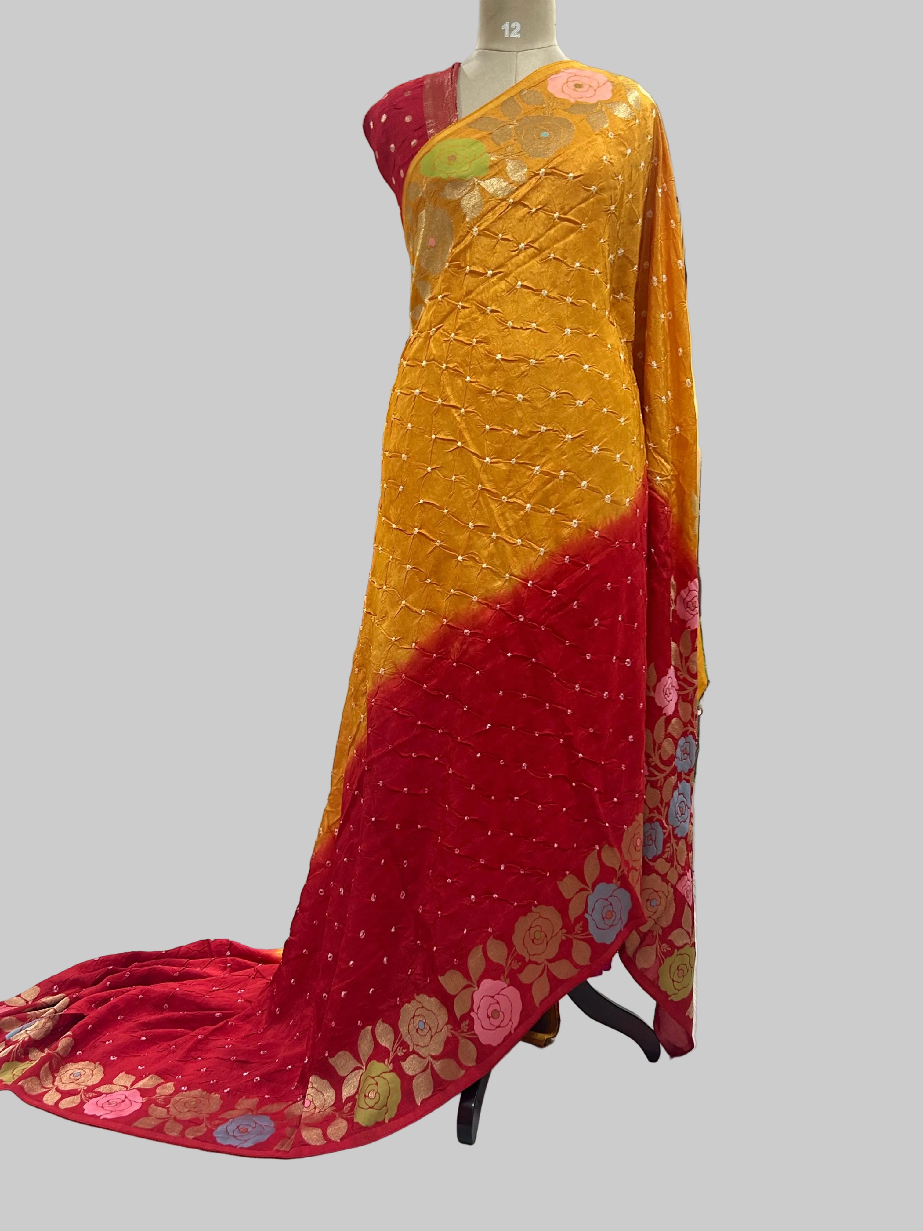 Yellow n red  half n half Bandhini dola crepe 104 saree