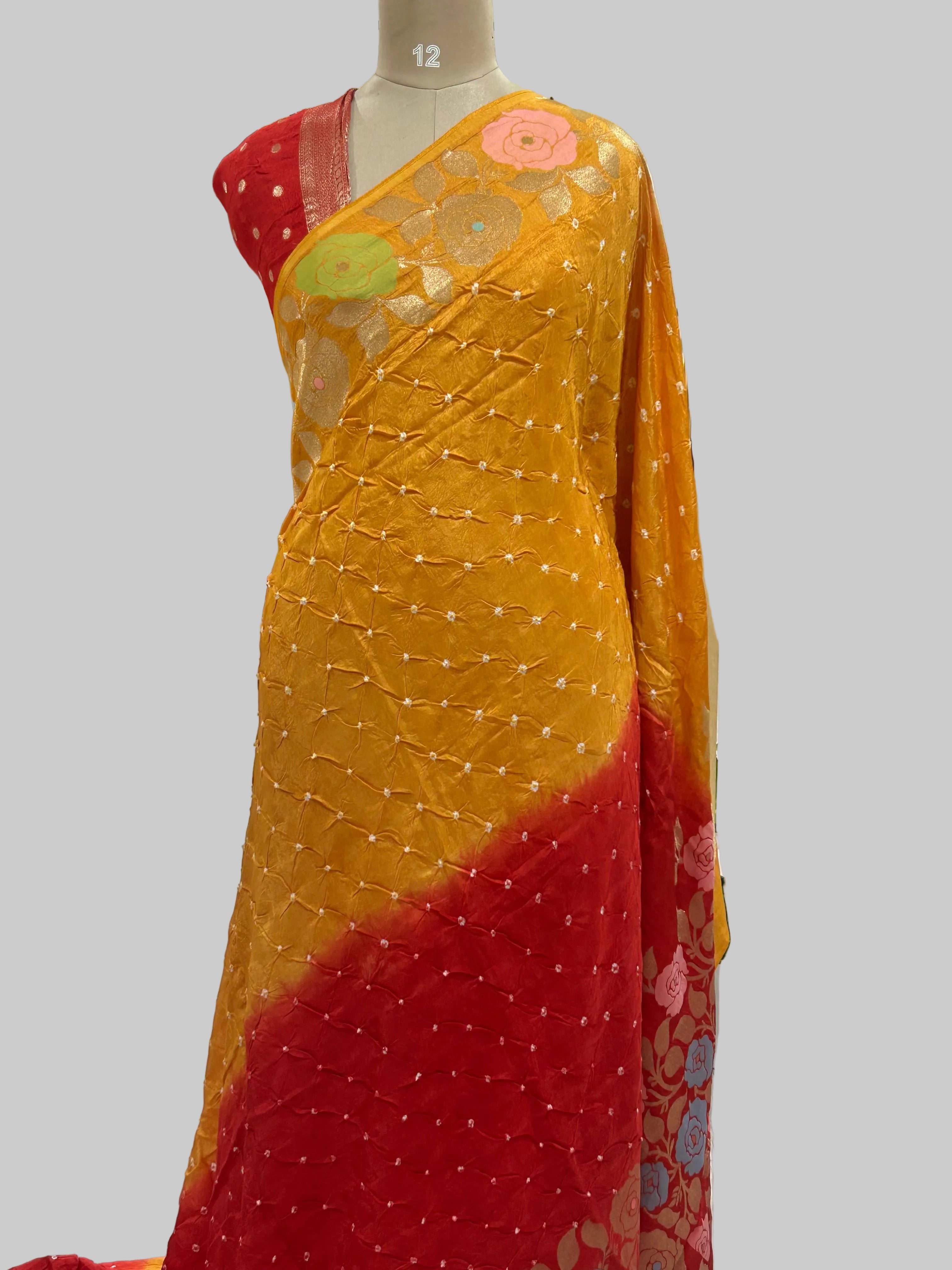 Yellow n red  half n half Bandhini dola crepe 104 saree