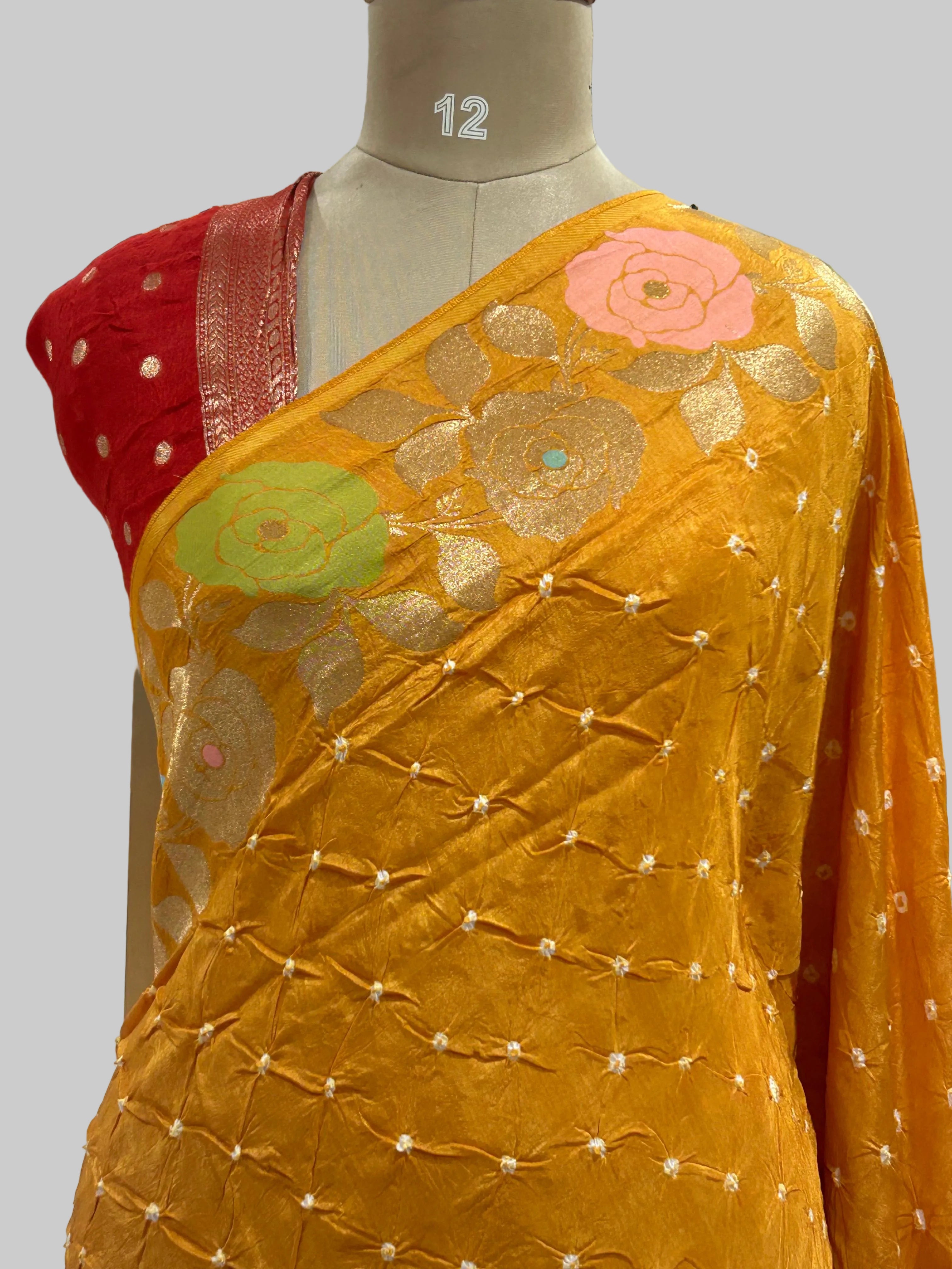 Yellow n red  half n half Bandhini dola crepe 104 saree