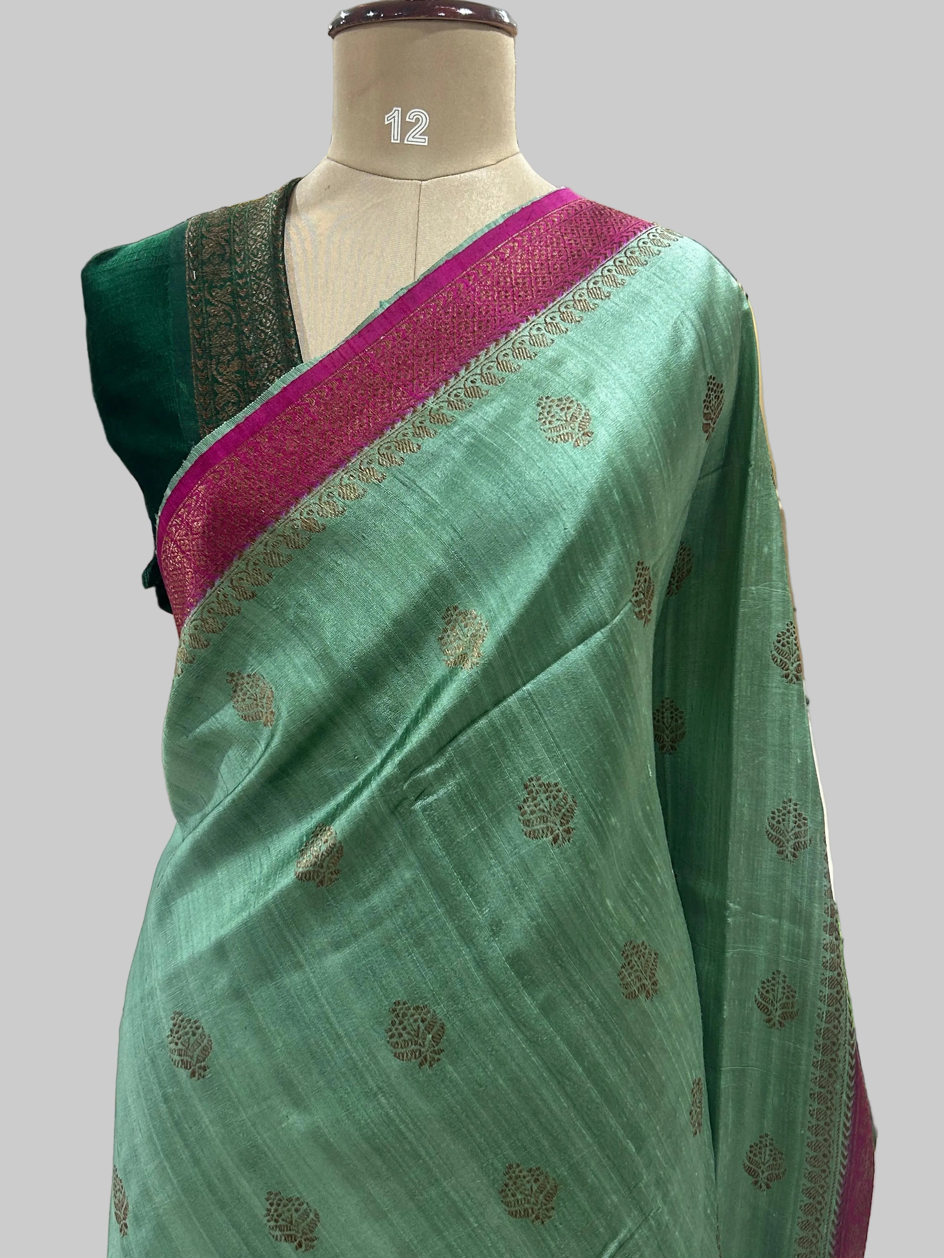 Aqua green small butta pure tussar crepe 104 silk saree