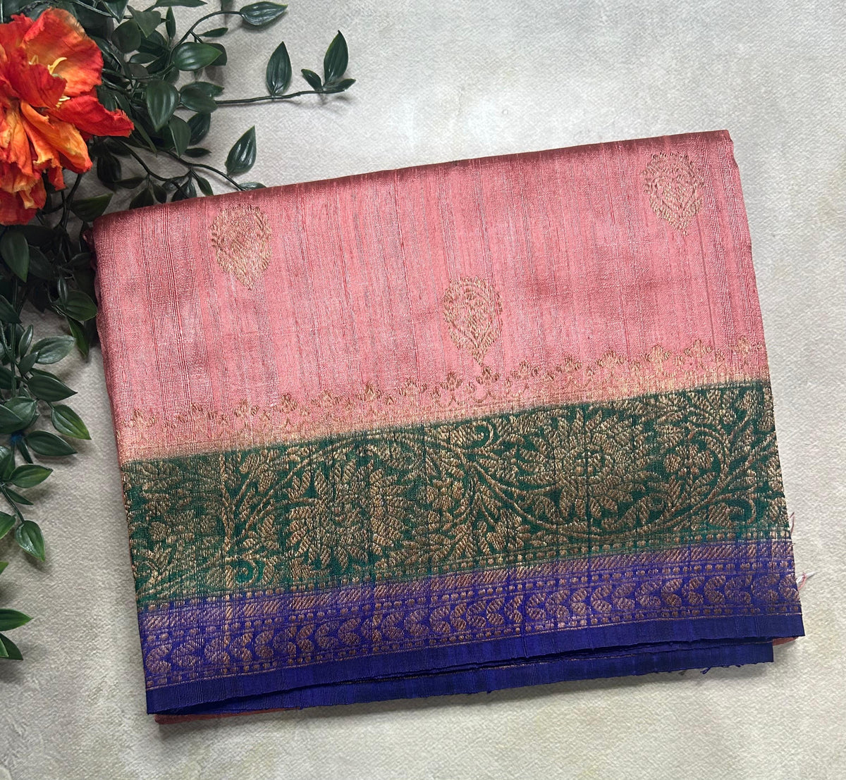Peach small butta pure tussar crepe 104 silk saree