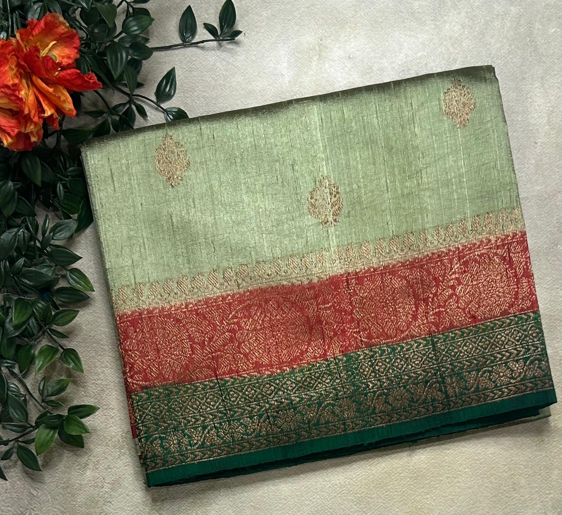 Pastel green small butta pure tussar crepe 104 silk saree