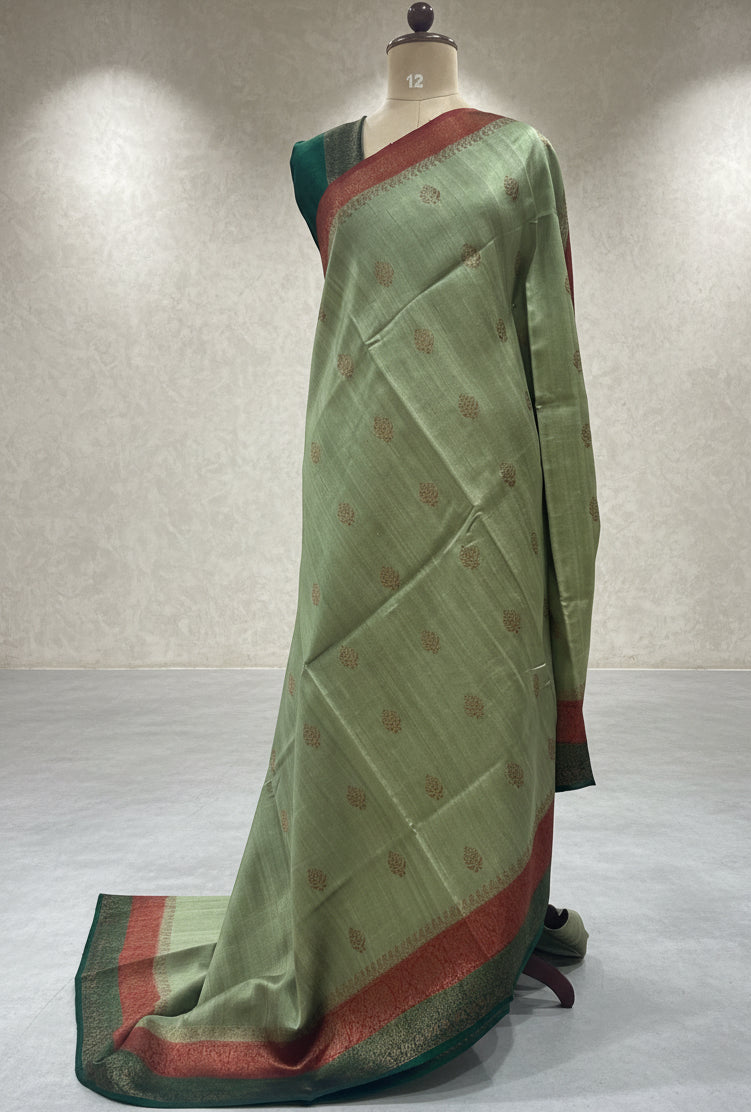 Pastel green small butta pure tussar crepe 104 silk saree