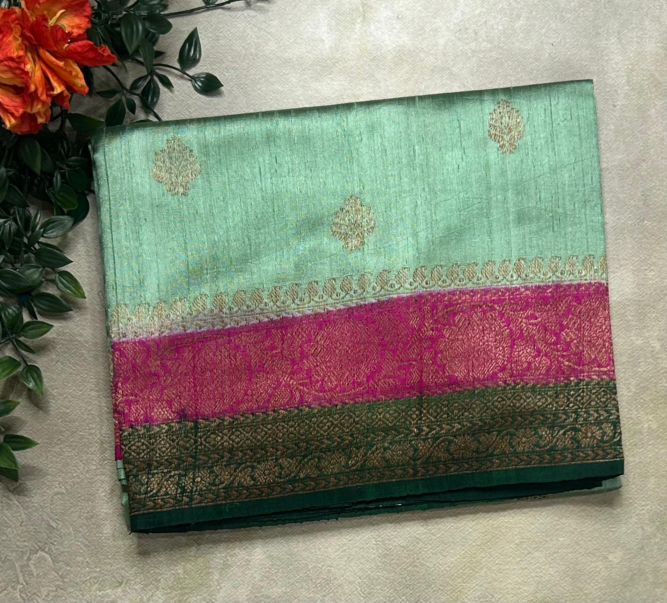 Aqua green small butta pure tussar crepe 104 silk saree