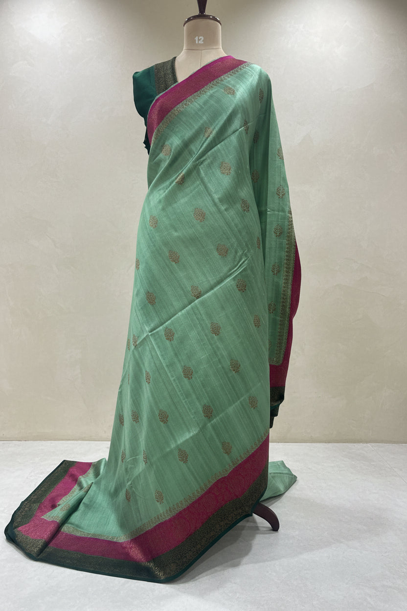 Aqua green small butta pure tussar crepe 104 silk saree