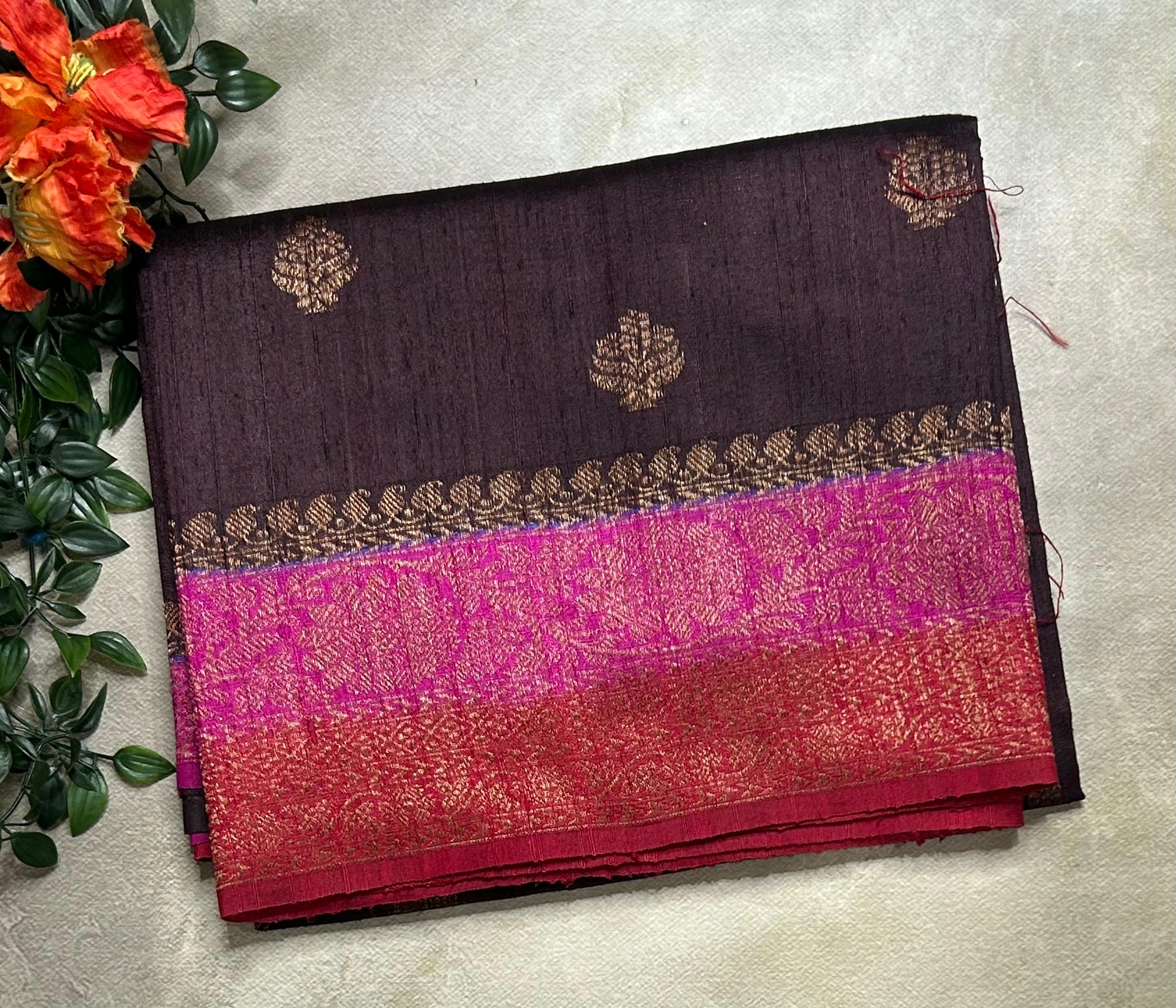 Dark brown small butta pure tussar crepe 104 silk saree