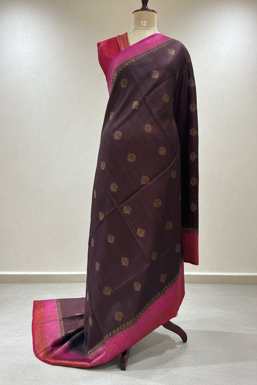 Dark brown small butta pure tussar crepe 104 silk saree