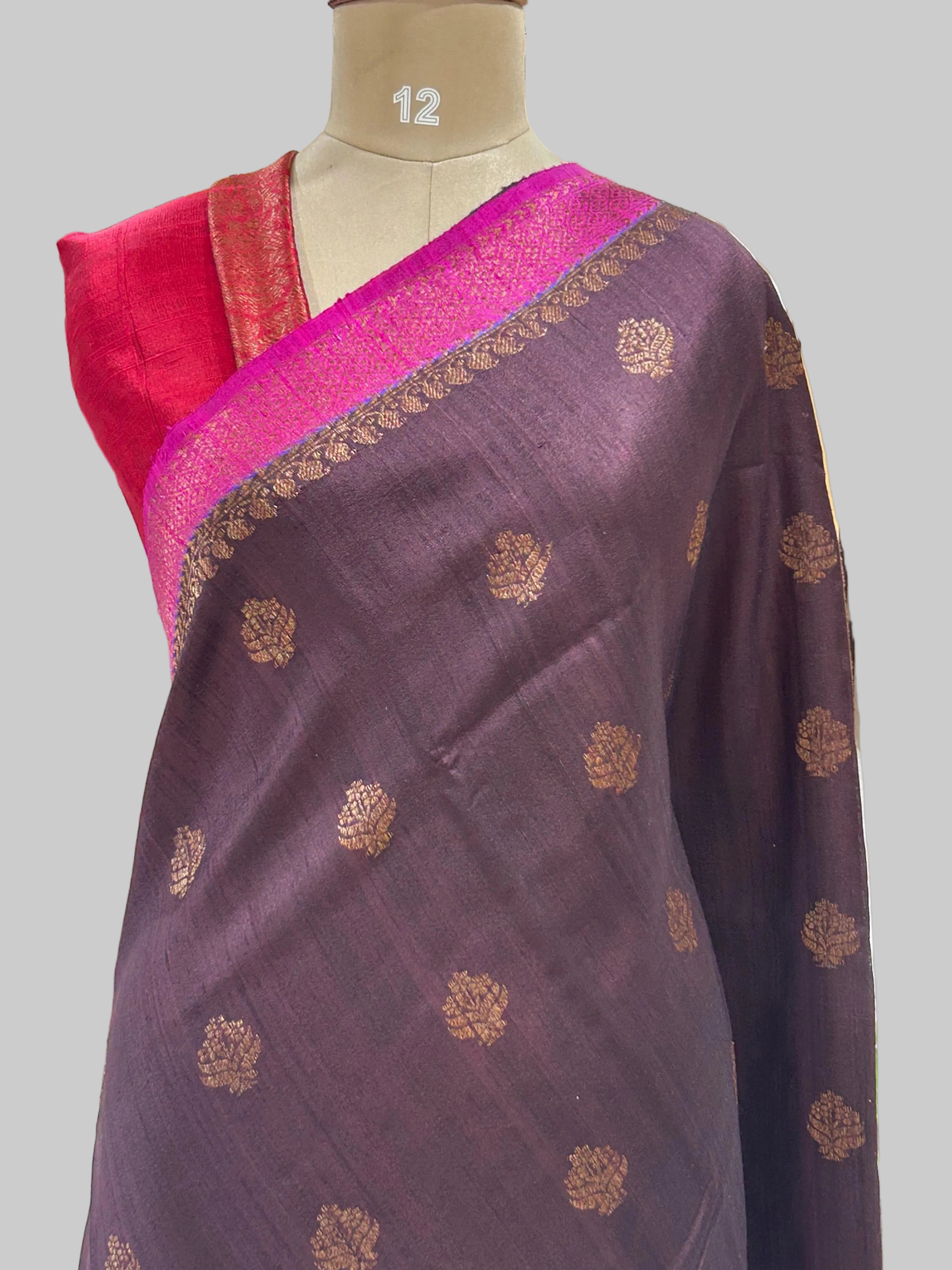 Dark brown small butta pure tussar crepe 104 silk saree