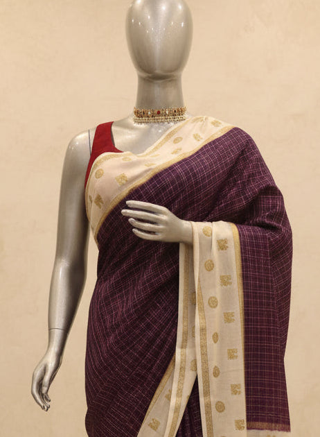 Wine checks n bentex pure Mysore silk 104 saree