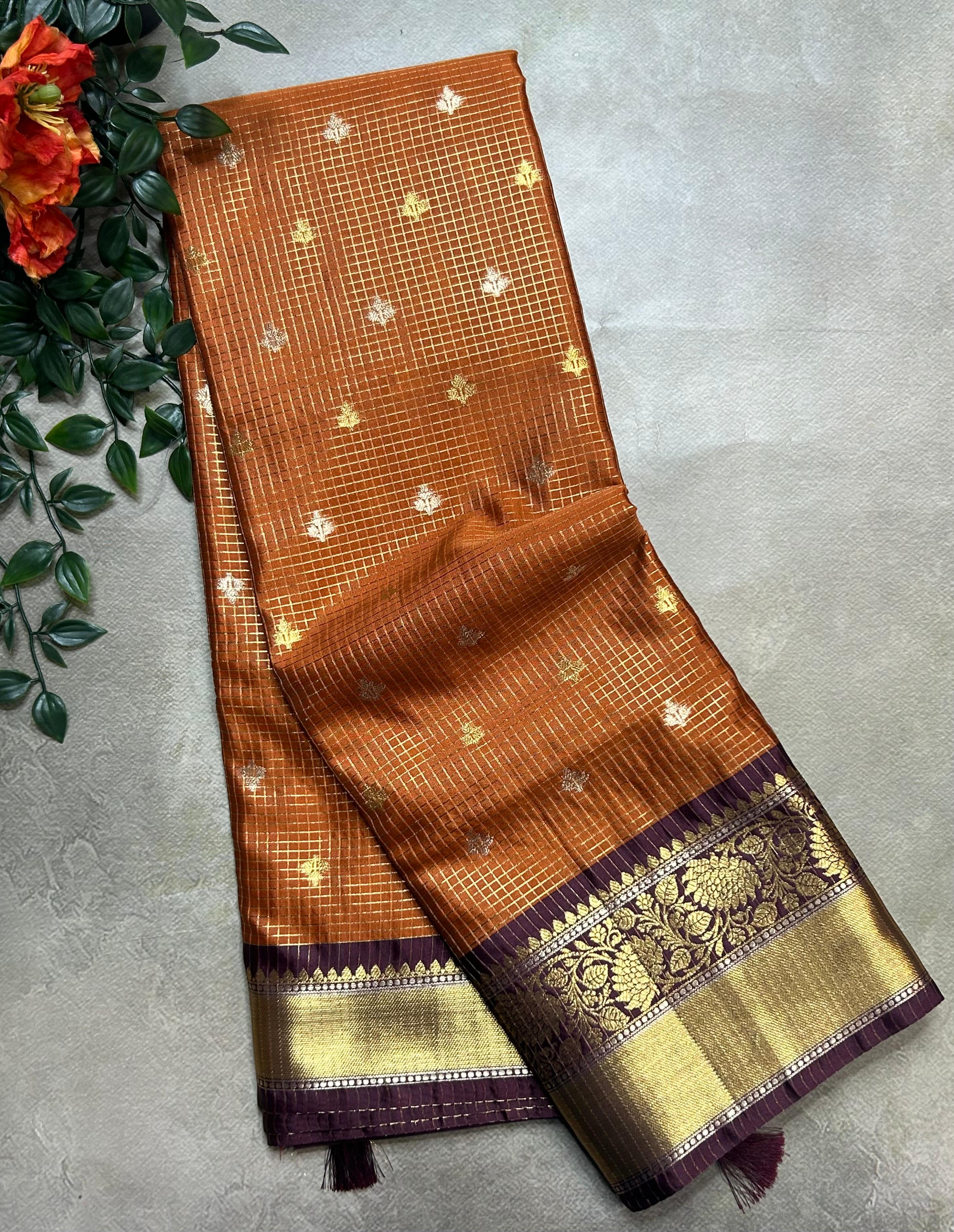 Rust orange small butta semi Kanchi-105 saree