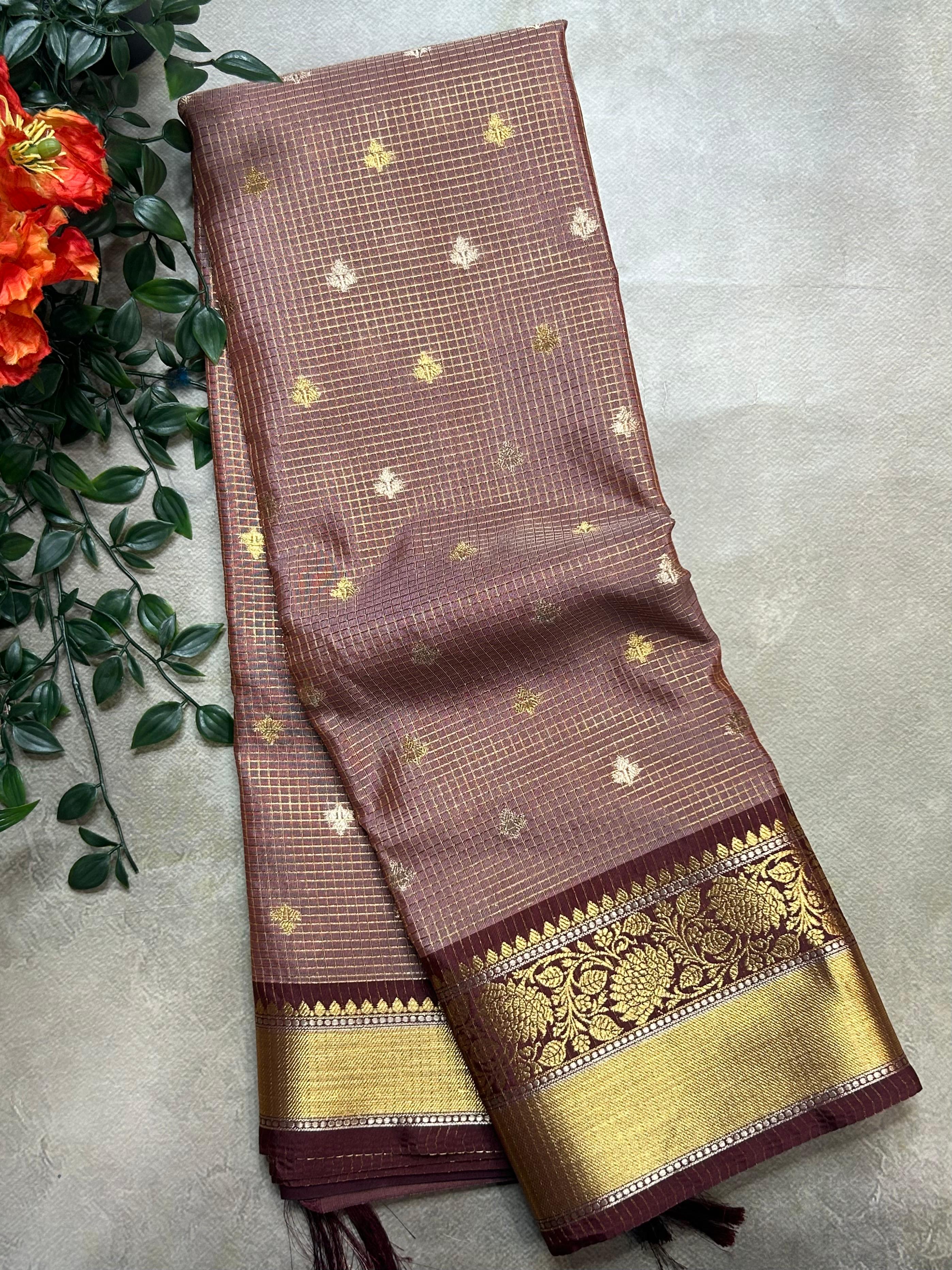 Pastel brown small butta semi Kanchi-105 saree