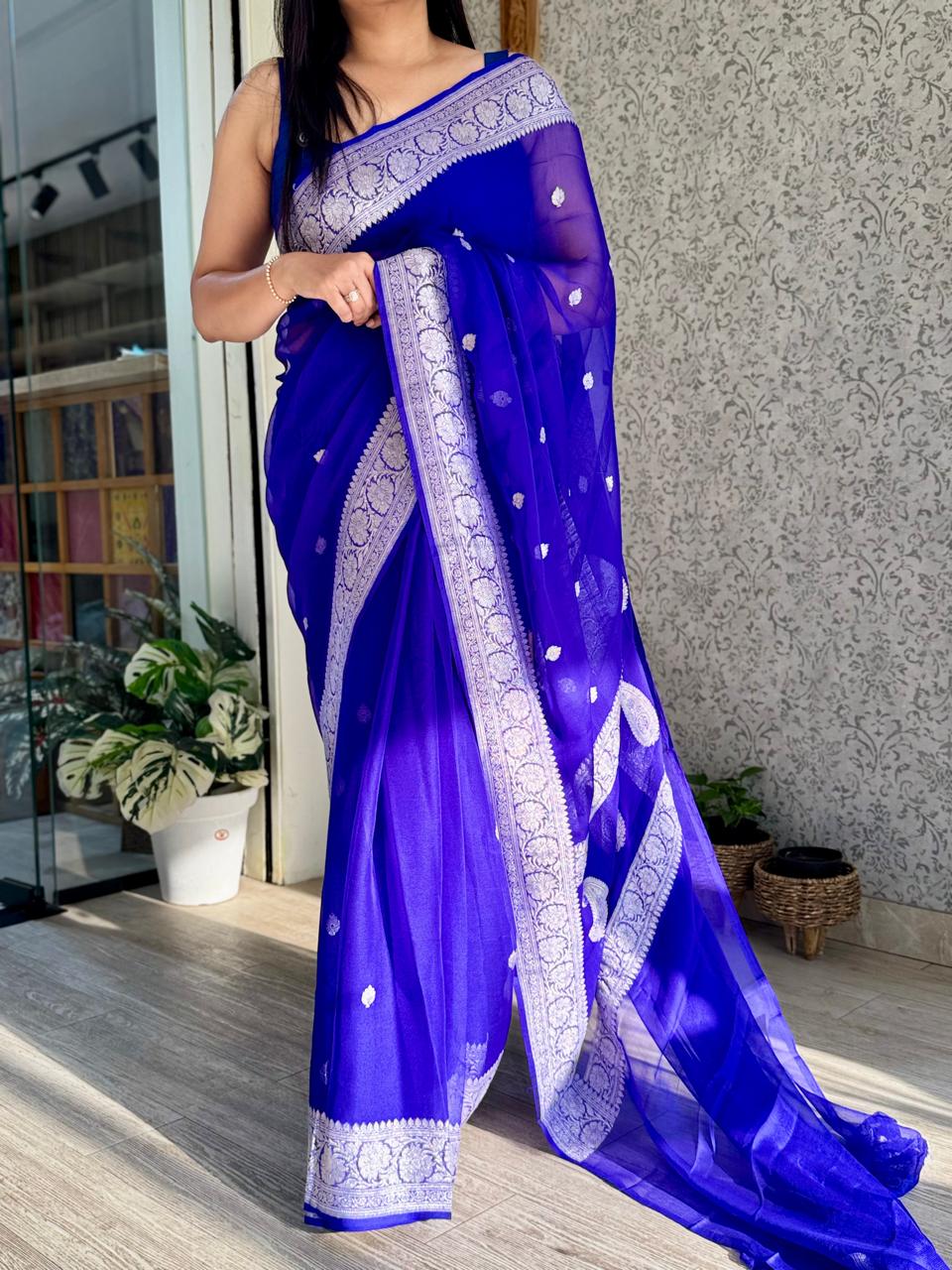 Royal blue small butta pure chiffon 105 saree