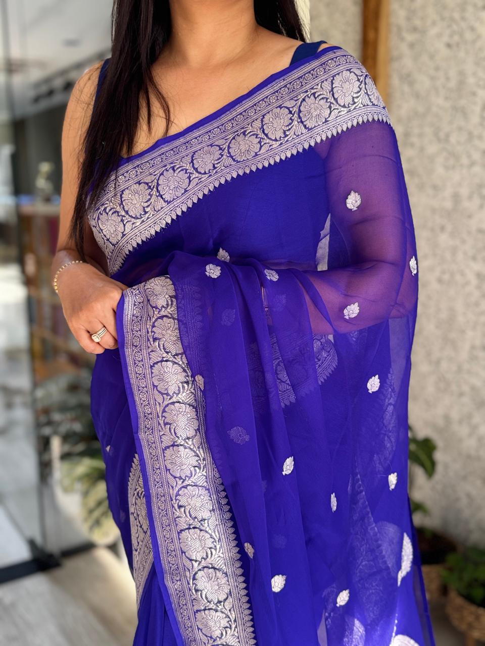 Royal blue small butta pure chiffon 105 saree