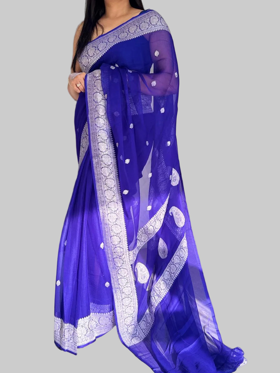 Royal blue small butta pure chiffon 105 saree