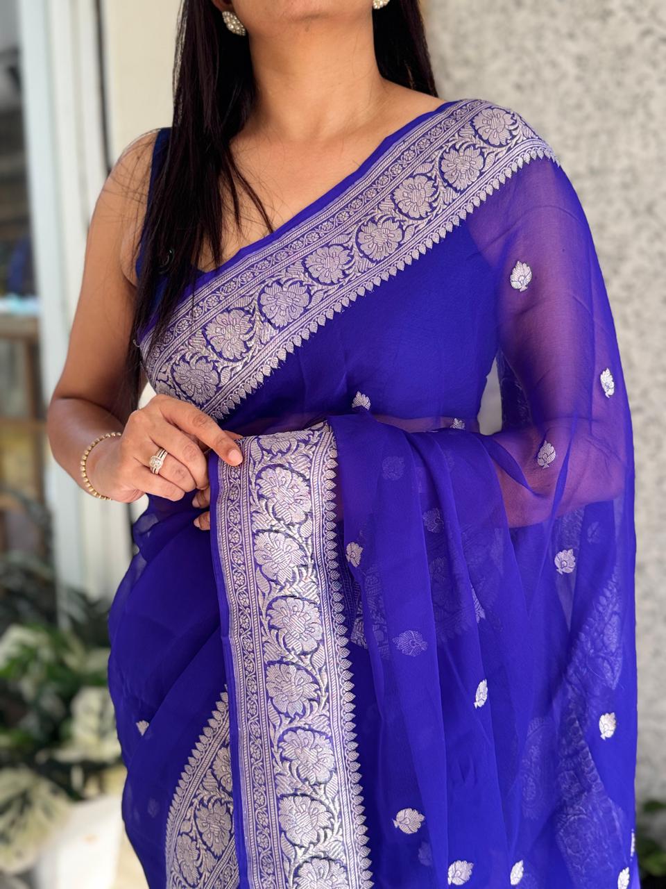 Royal blue small butta pure chiffon 105 saree