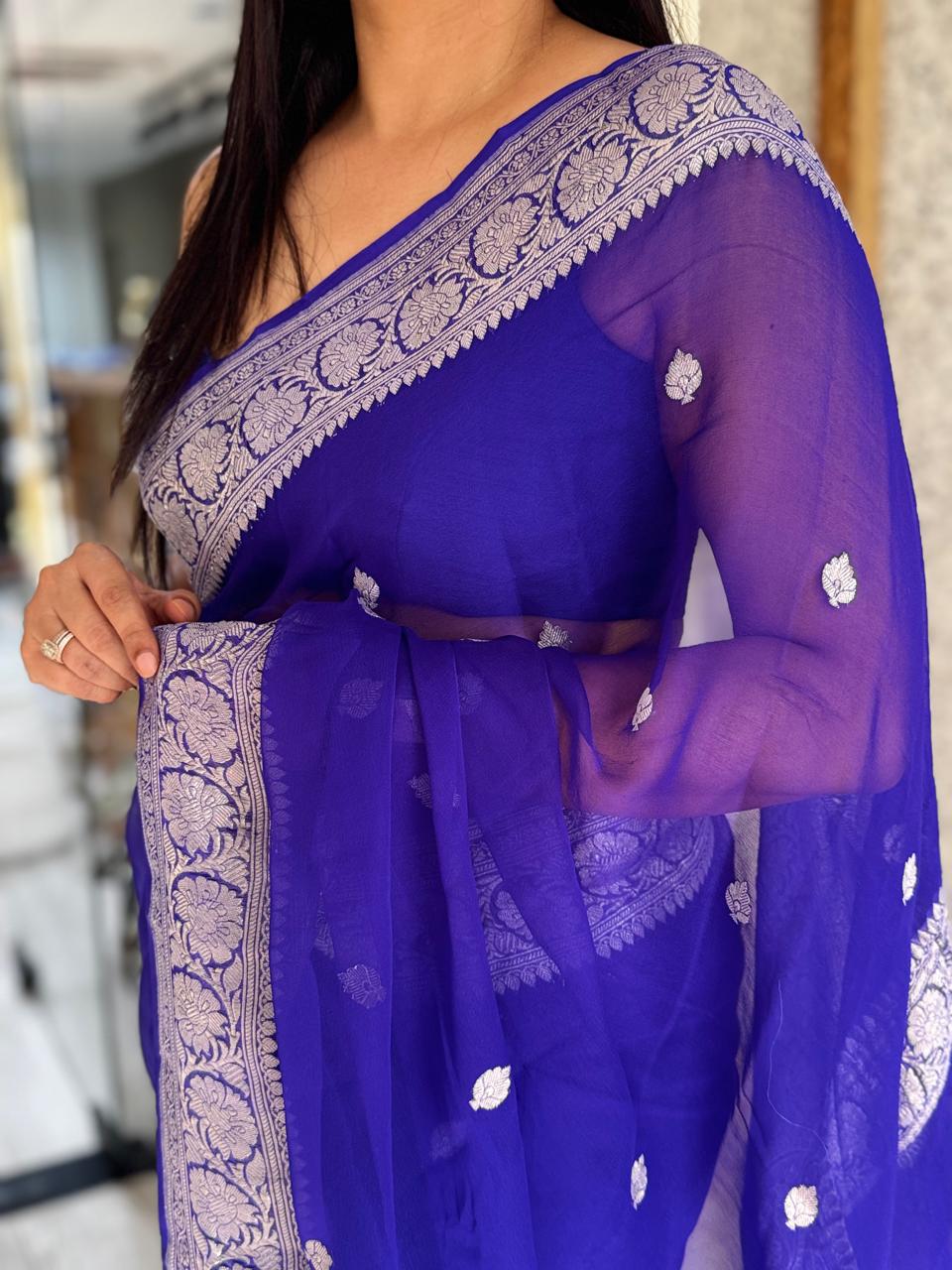 Royal blue small butta pure chiffon 105 saree