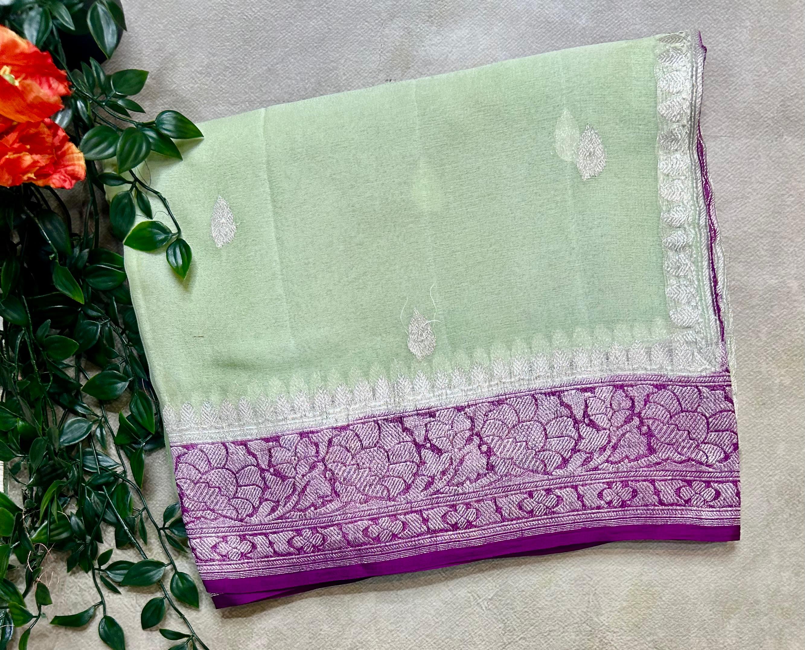 Pista green small butta pure chiffon 104 saree
