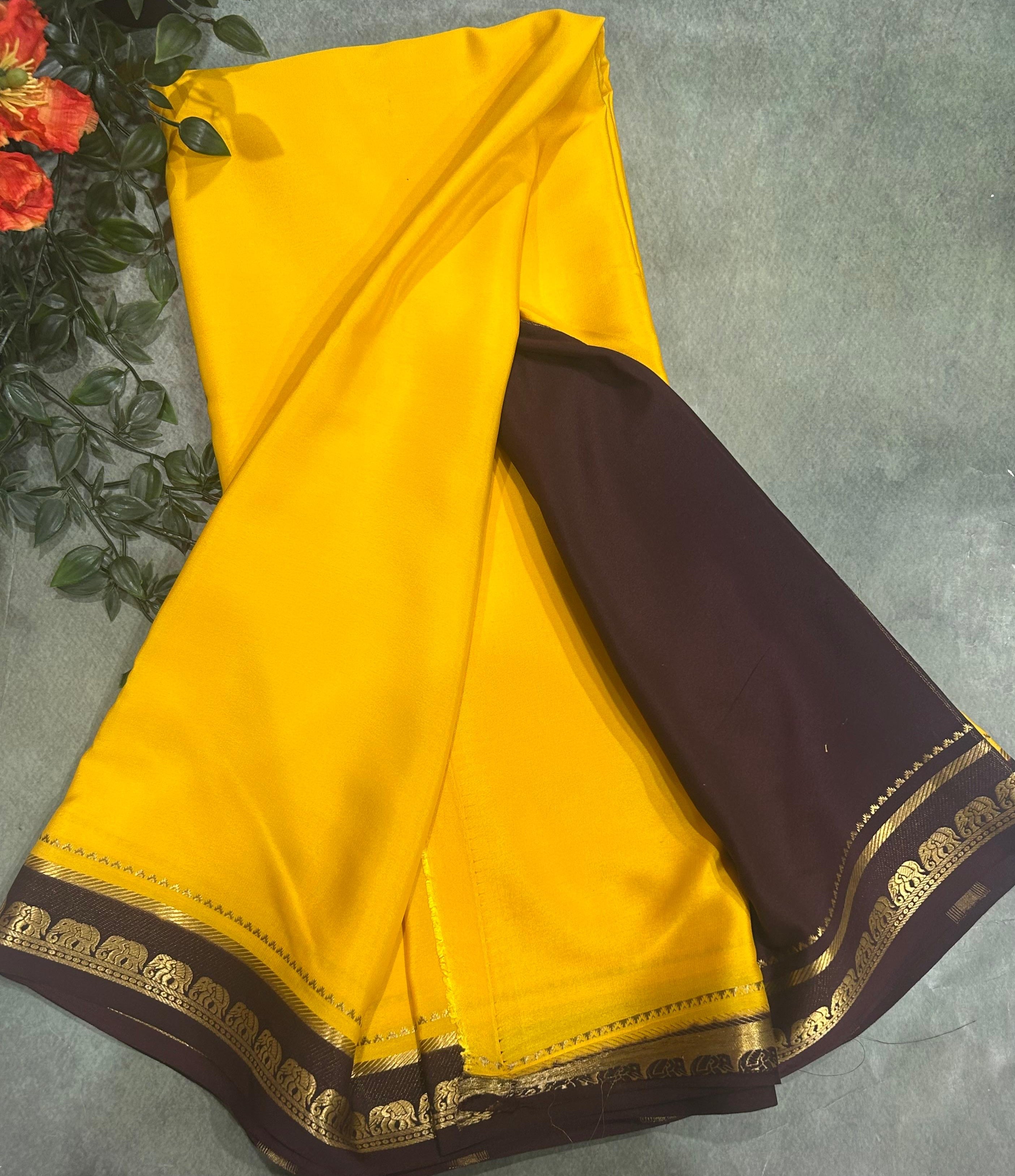 Rashmika Mandanna yellow n brown pure mysore silk-105 saree