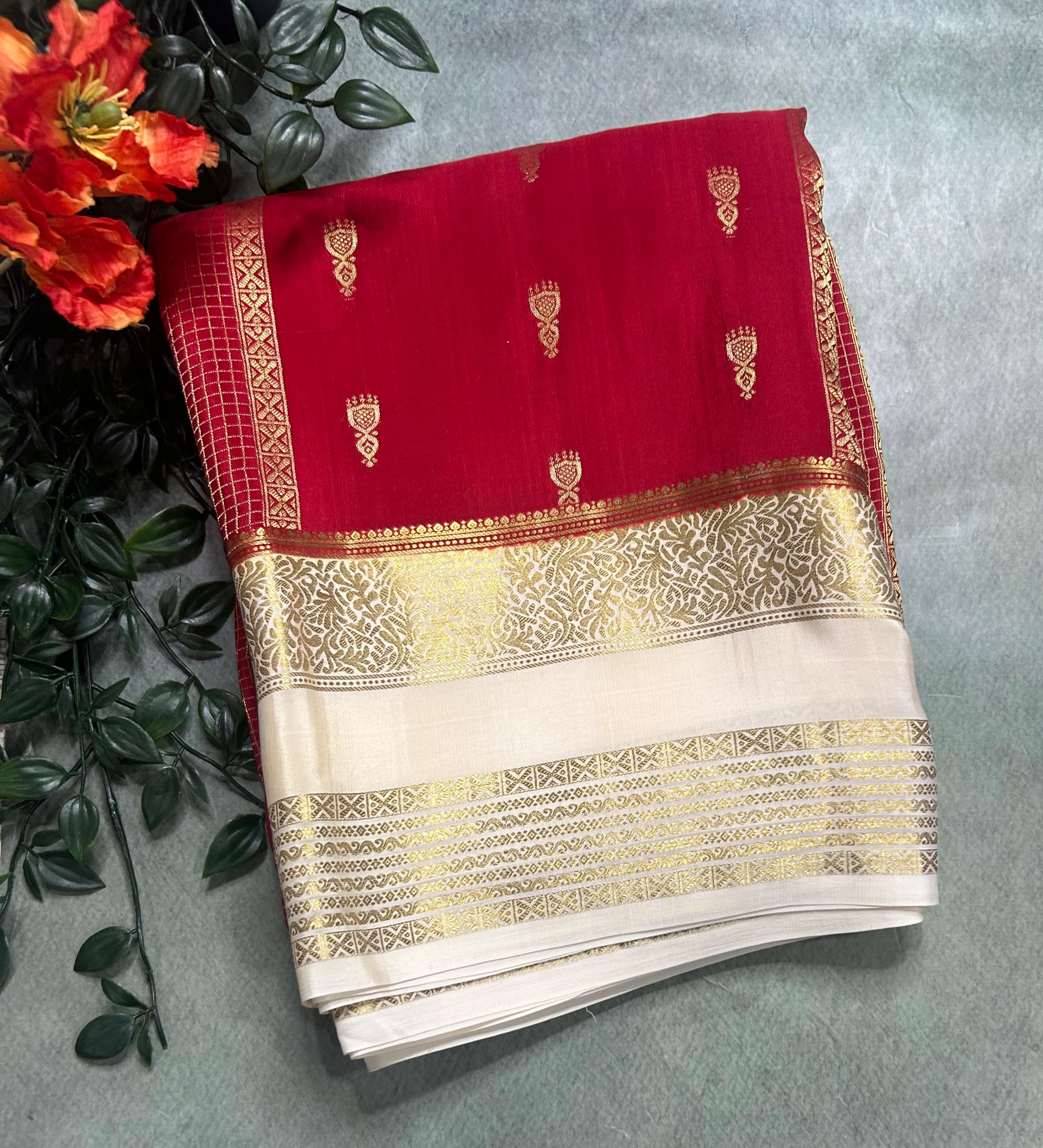 Red jumka Butta n bentex border pure Mysore silk saree ST105