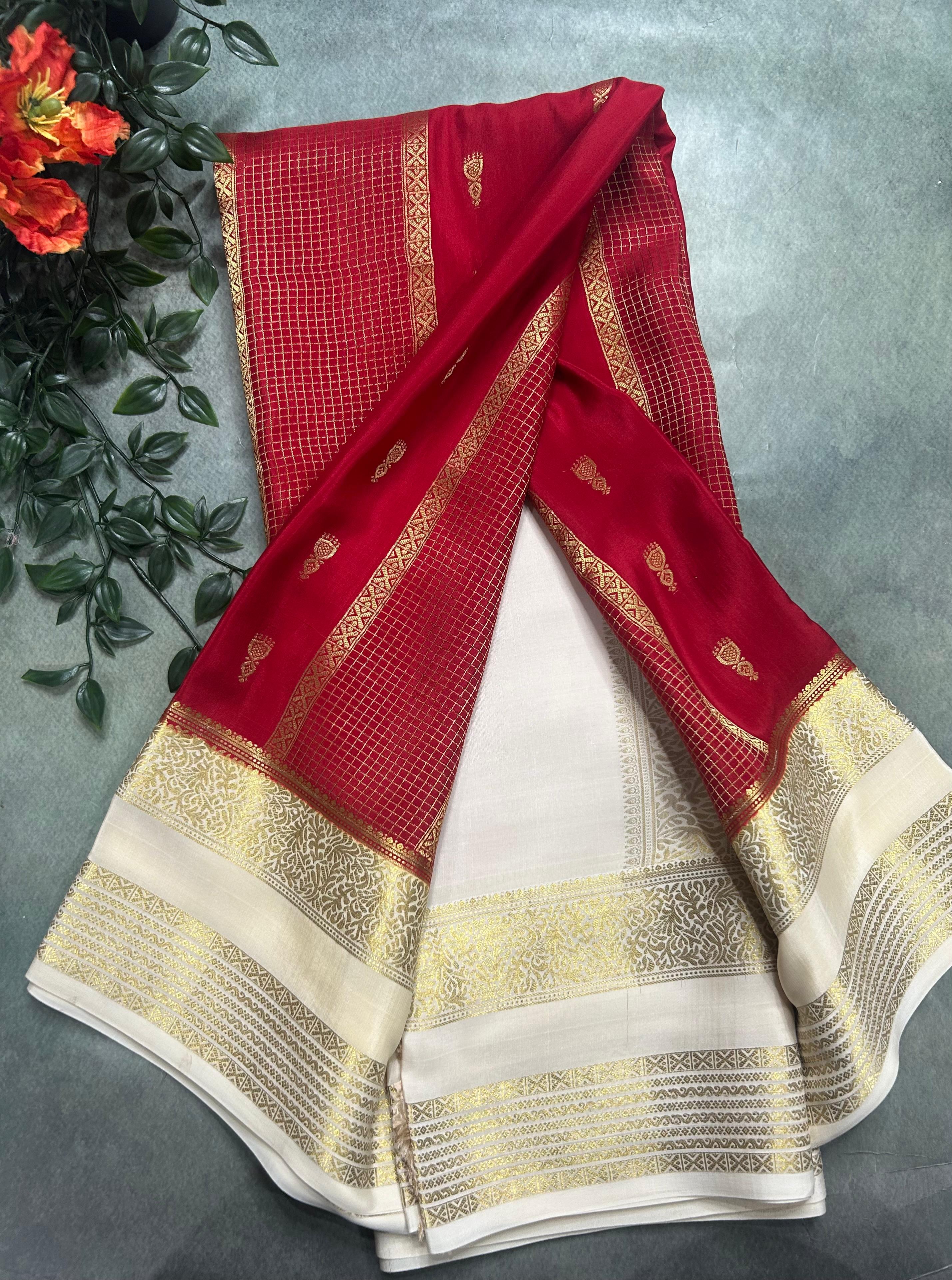 Red jumka Butta n bentex border pure Mysore silk saree ST105