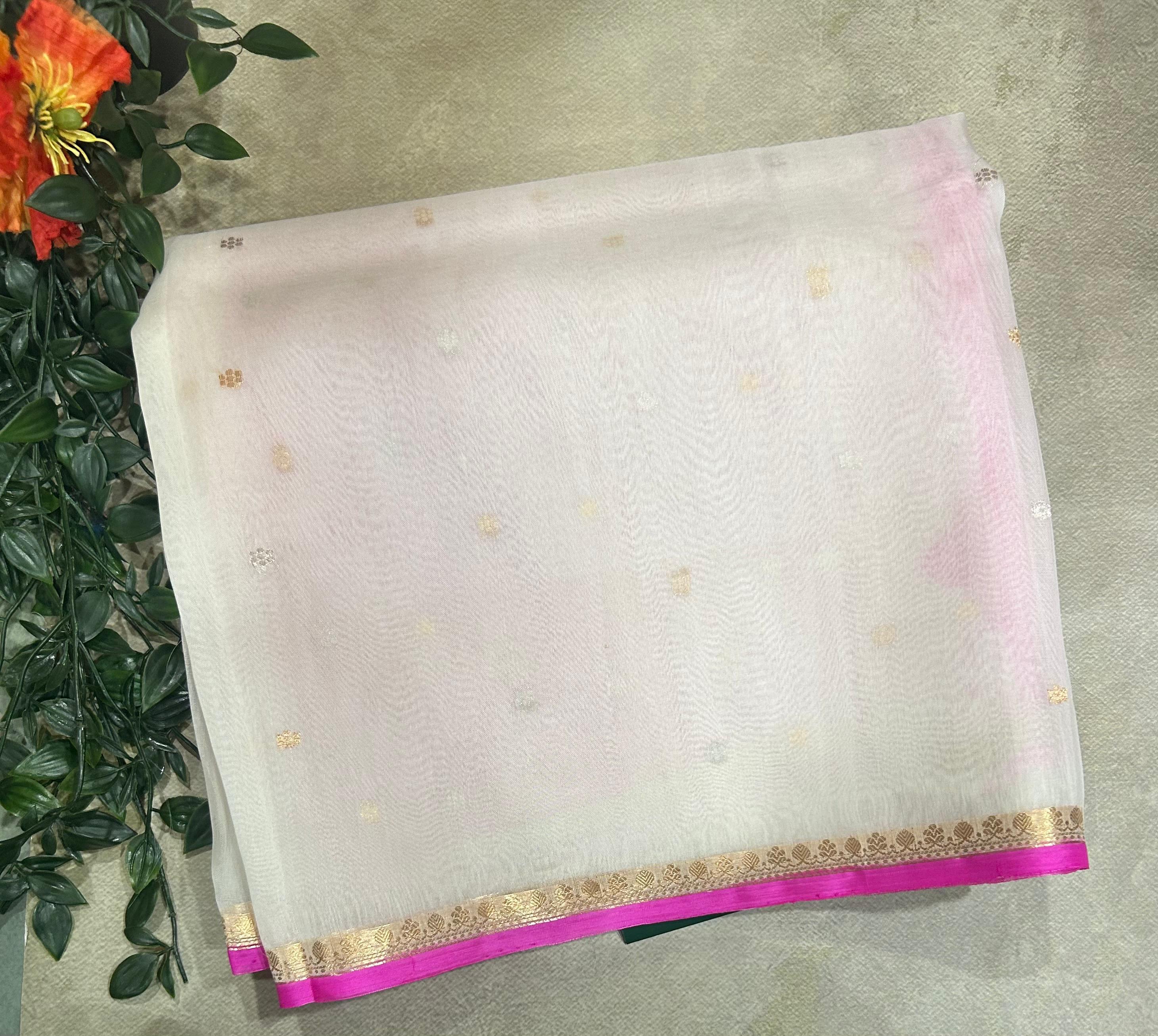 White pure kora 105 organza silk saree