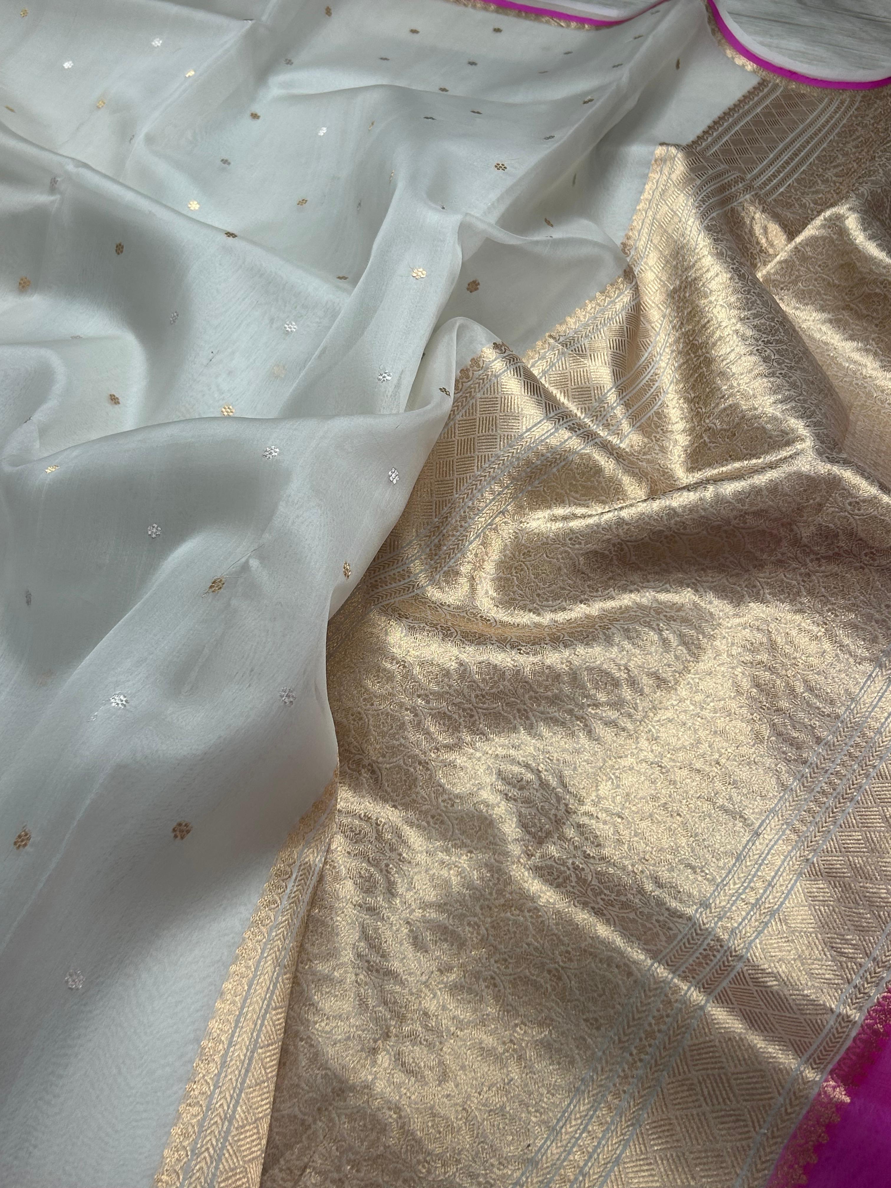 White pure kora 105 organza silk saree