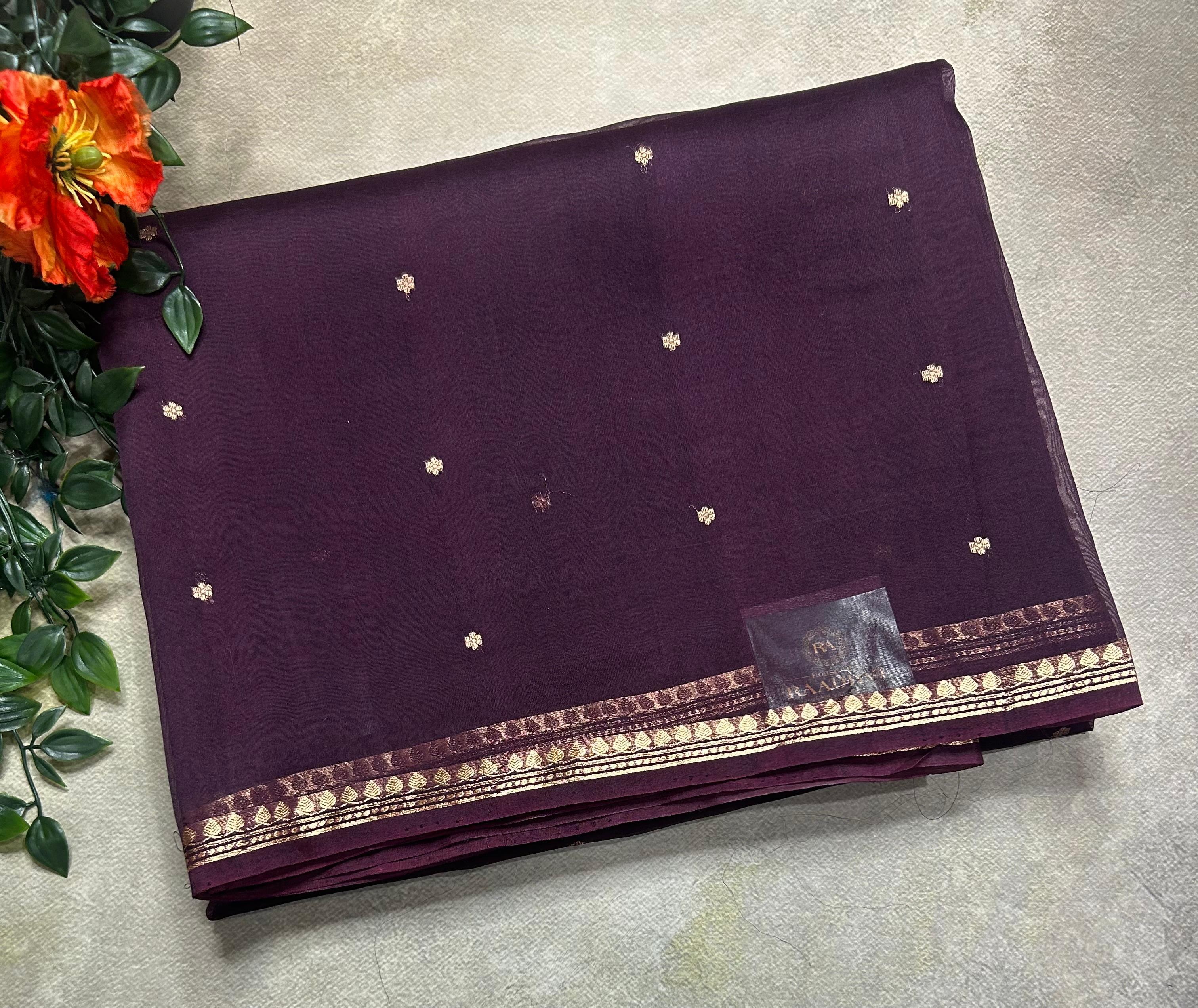 Dark brown pure kora 105 organza silk saree