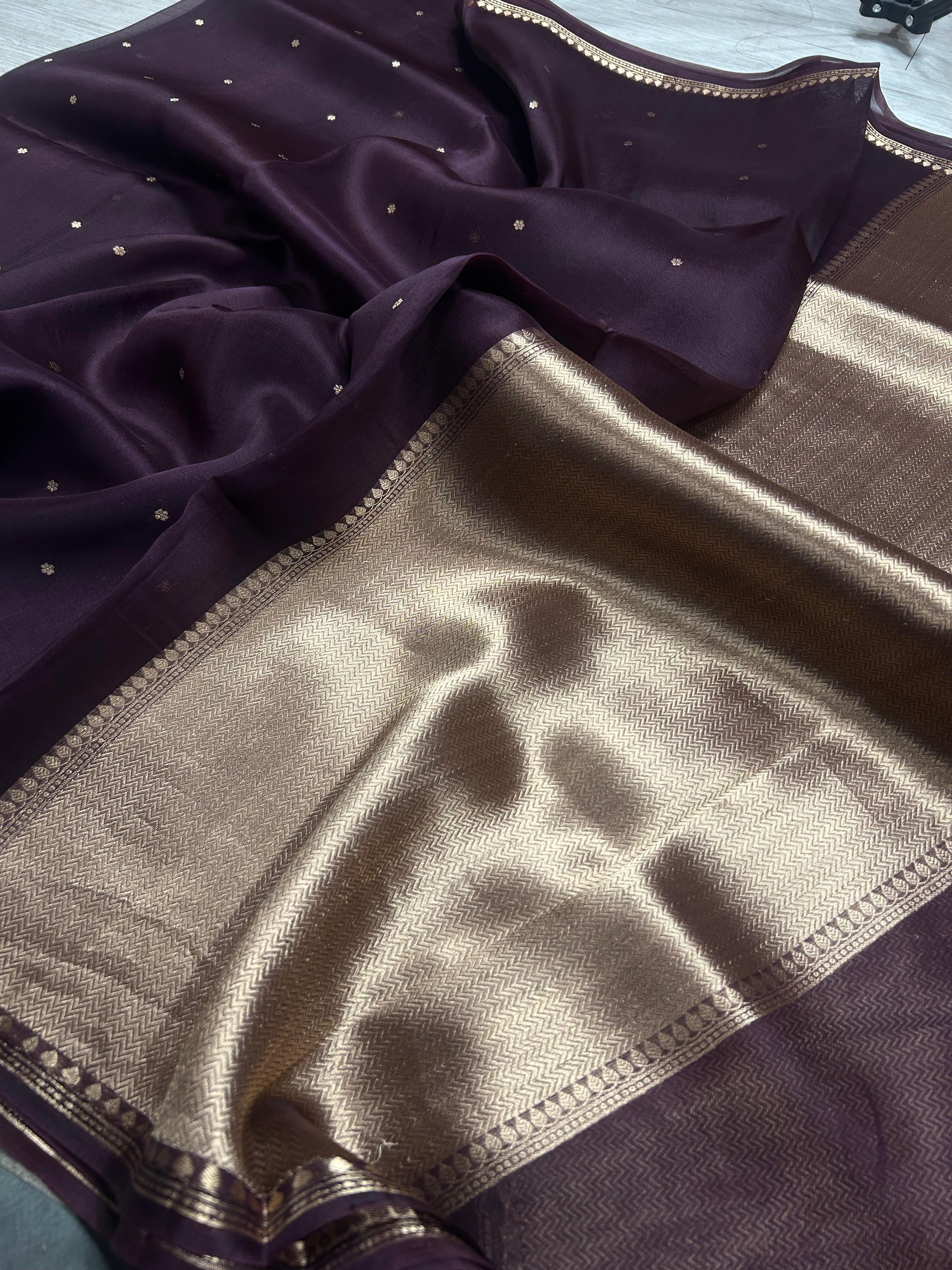 Dark brown pure kora 105 organza silk saree