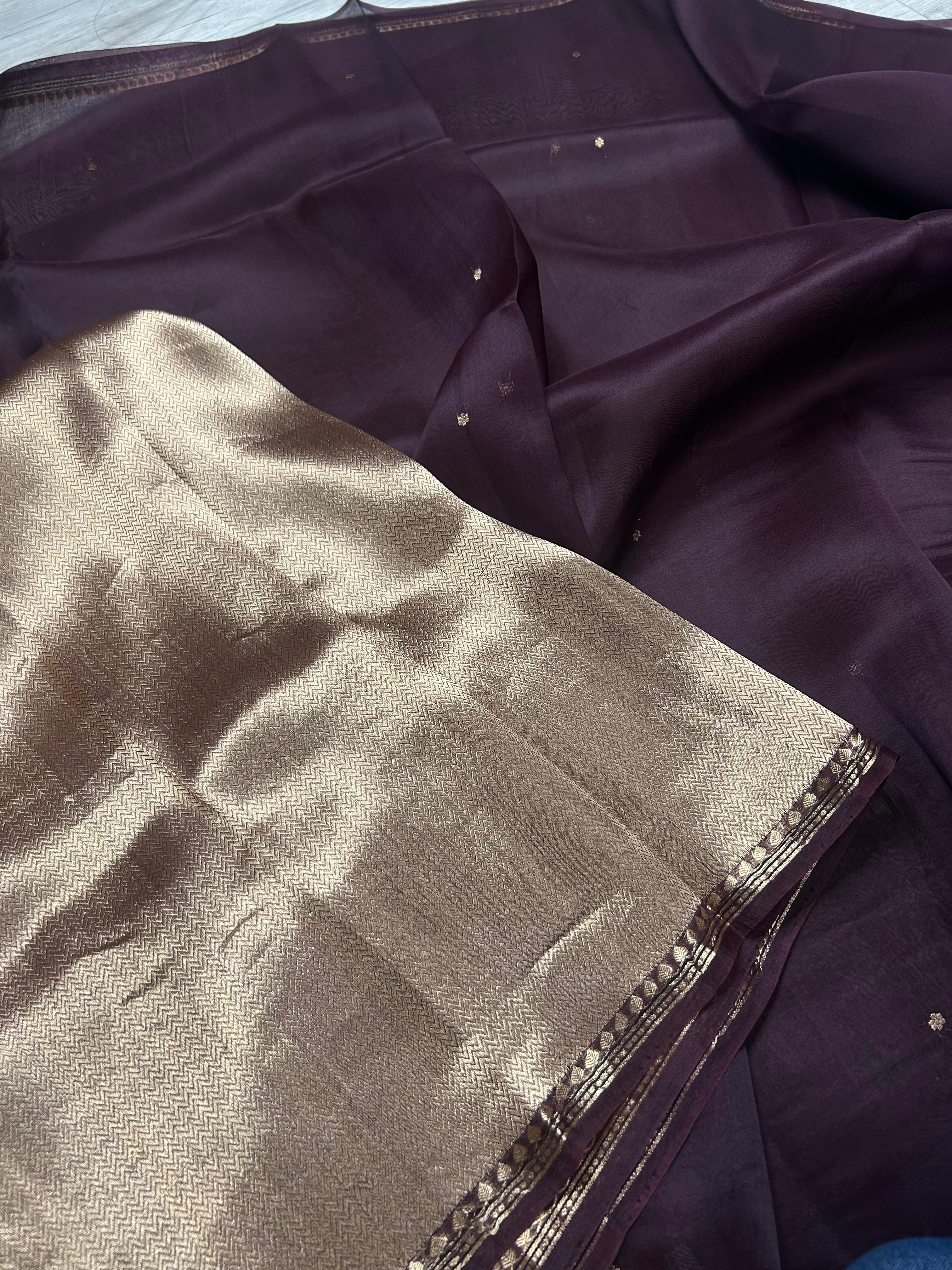 Dark brown pure kora 105 organza silk saree