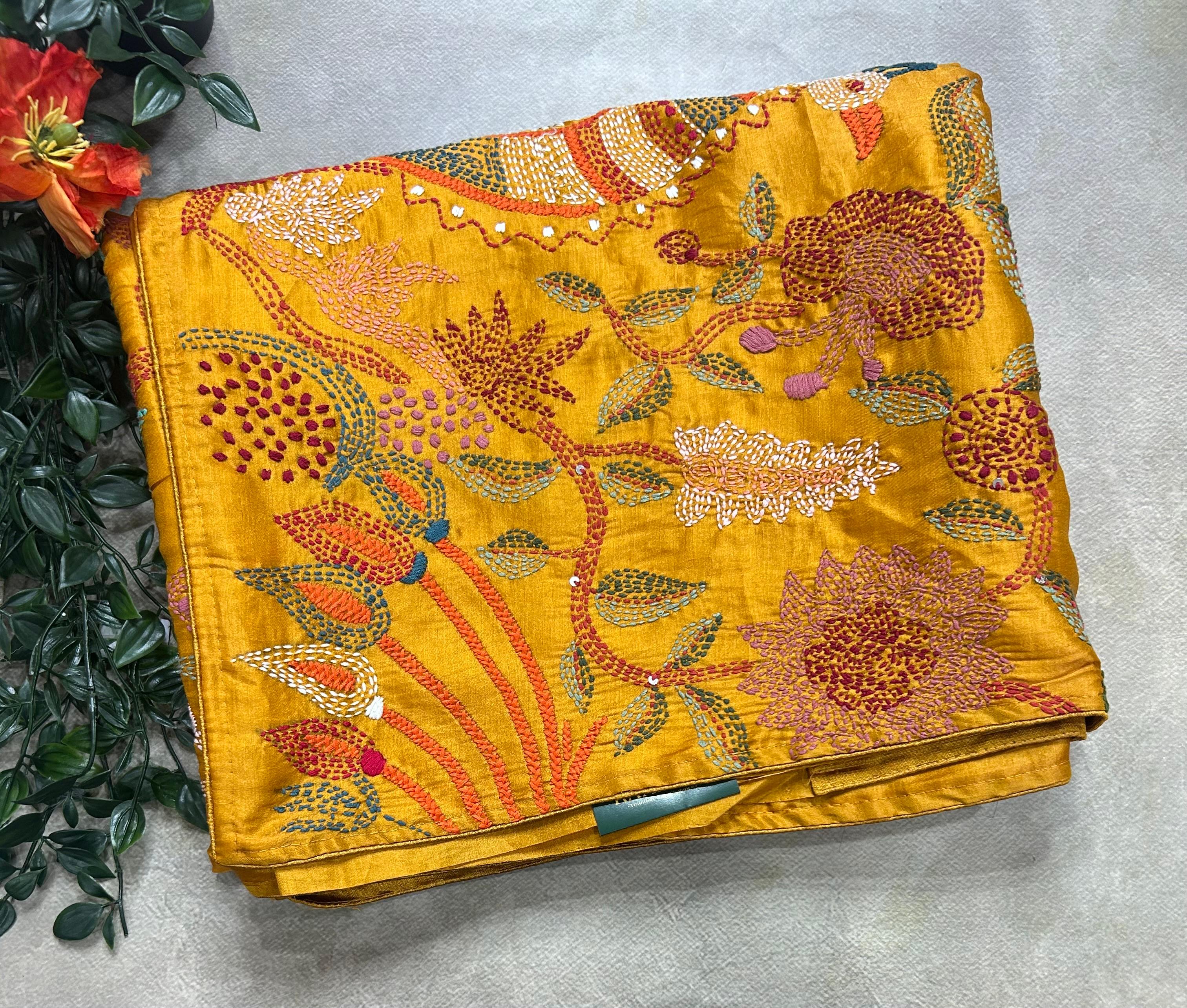 Mustard yellow embroidery semi tussar crepe 105 saree