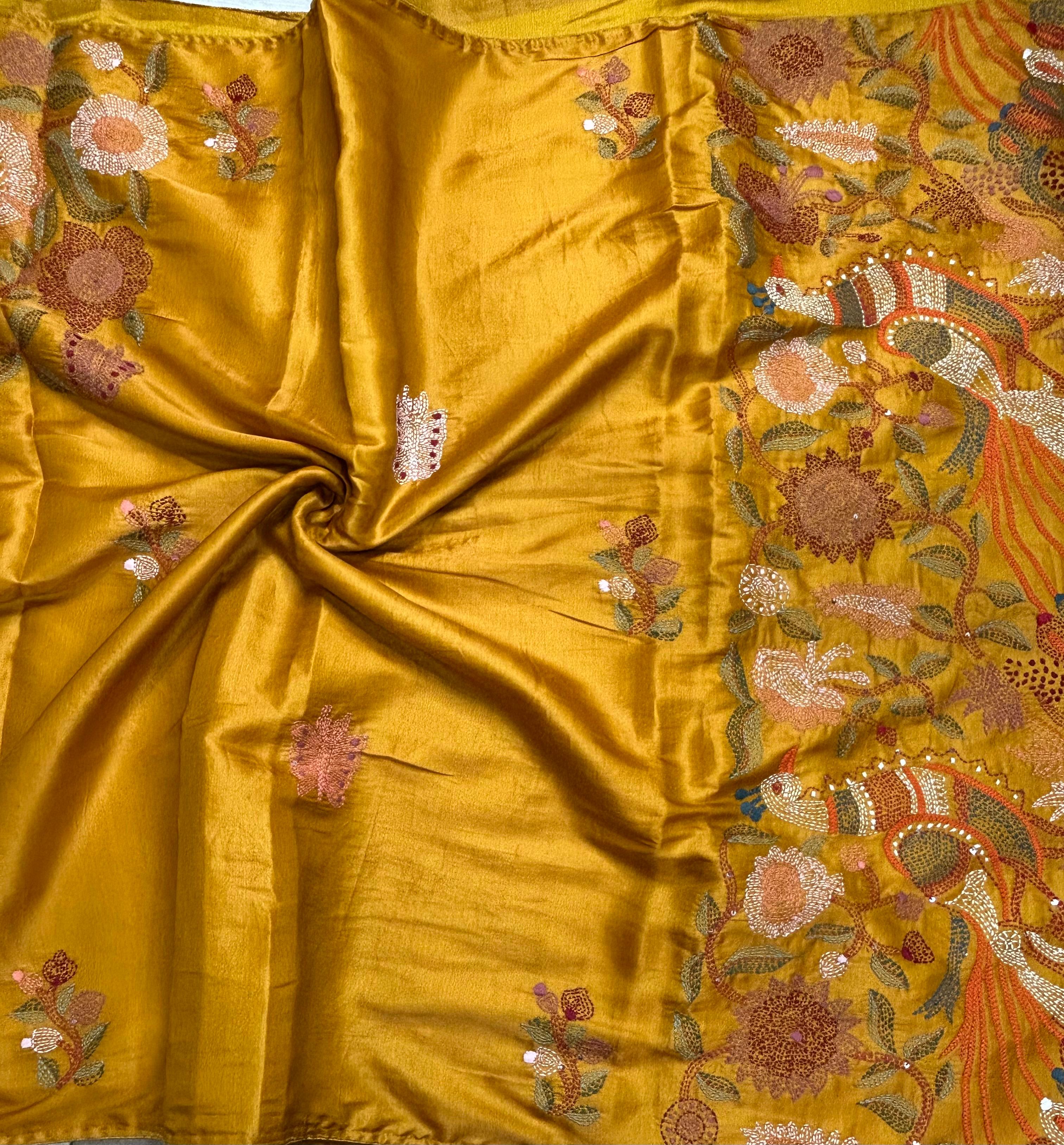 Mustard yellow embroidery semi tussar crepe 105 saree