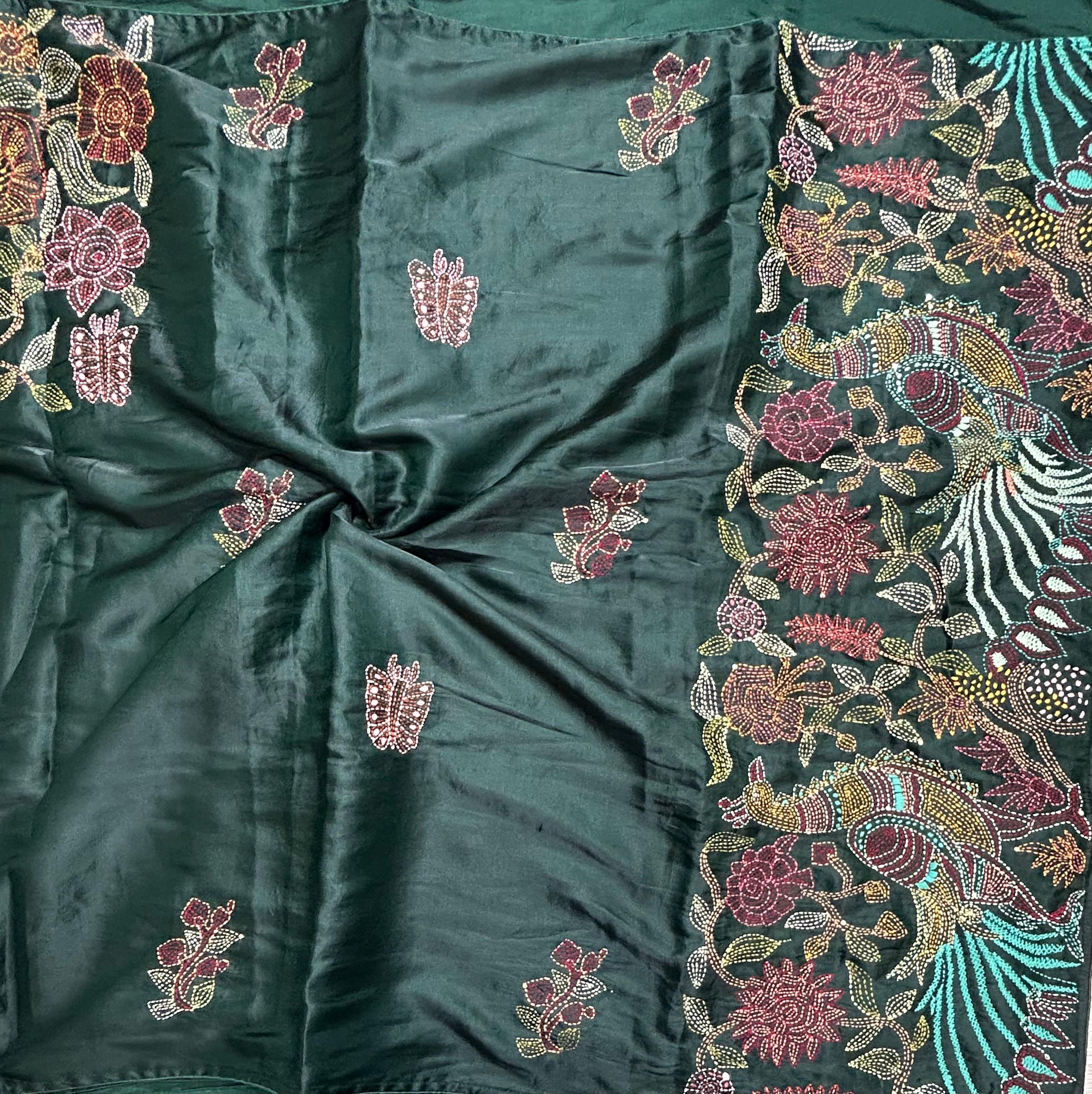 Bottle green embroidery semi tussar crepe 105 saree