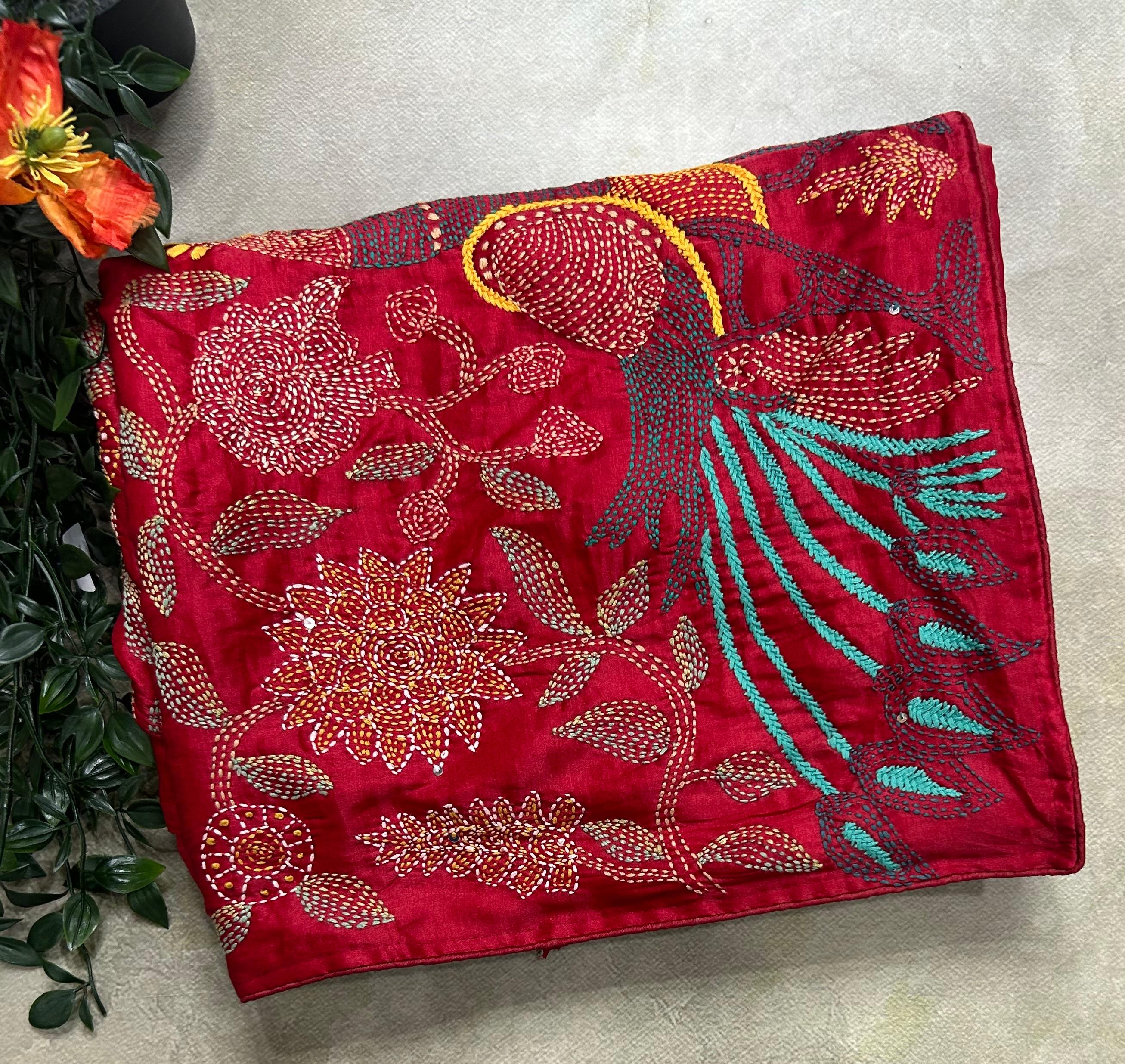 Red embroidery semi tussar crepe 105 saree