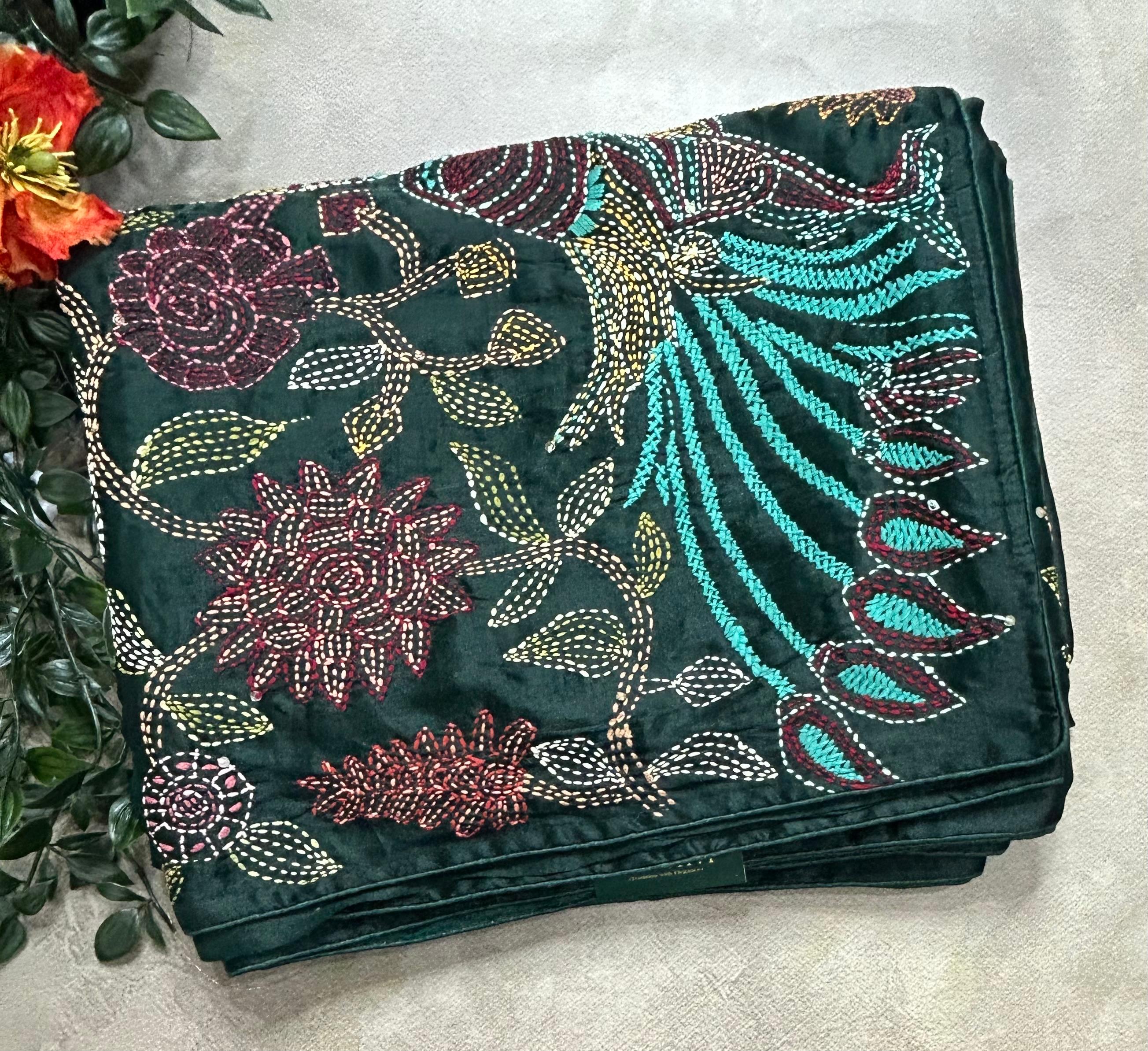 Bottle green embroidery semi tussar crepe 105 saree