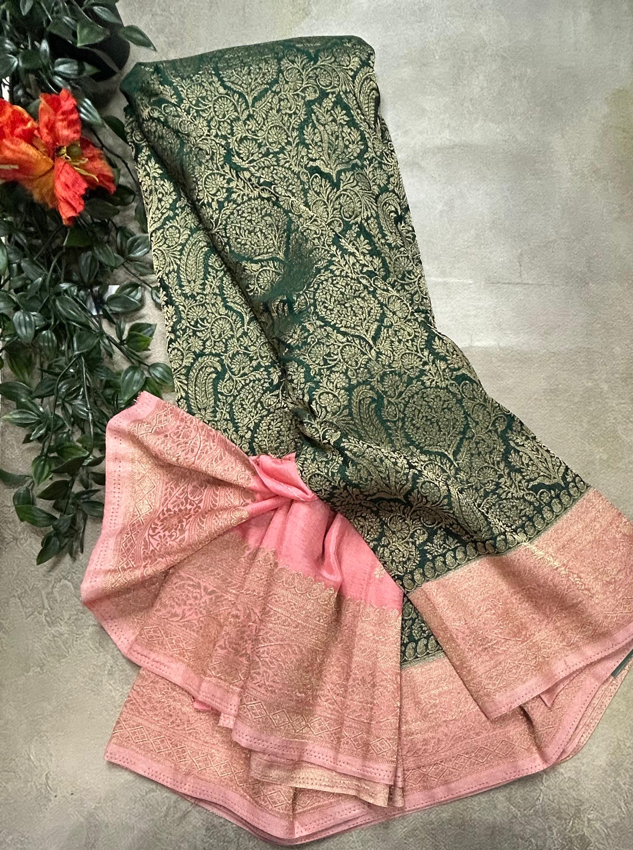 Bottle green brocade semi georgette 105 saree