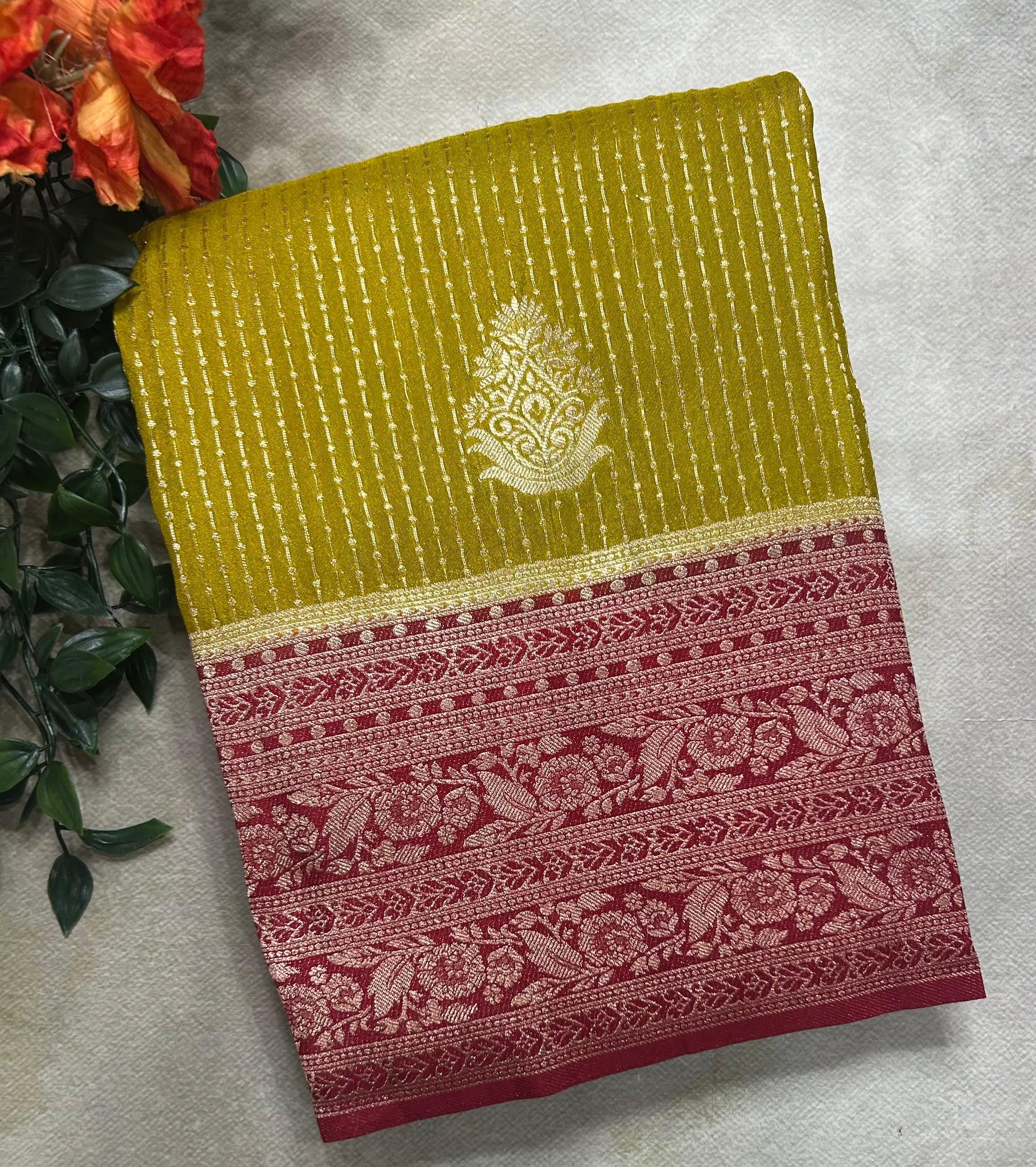 Olive yellow stripes semi soft-105 silk saree
