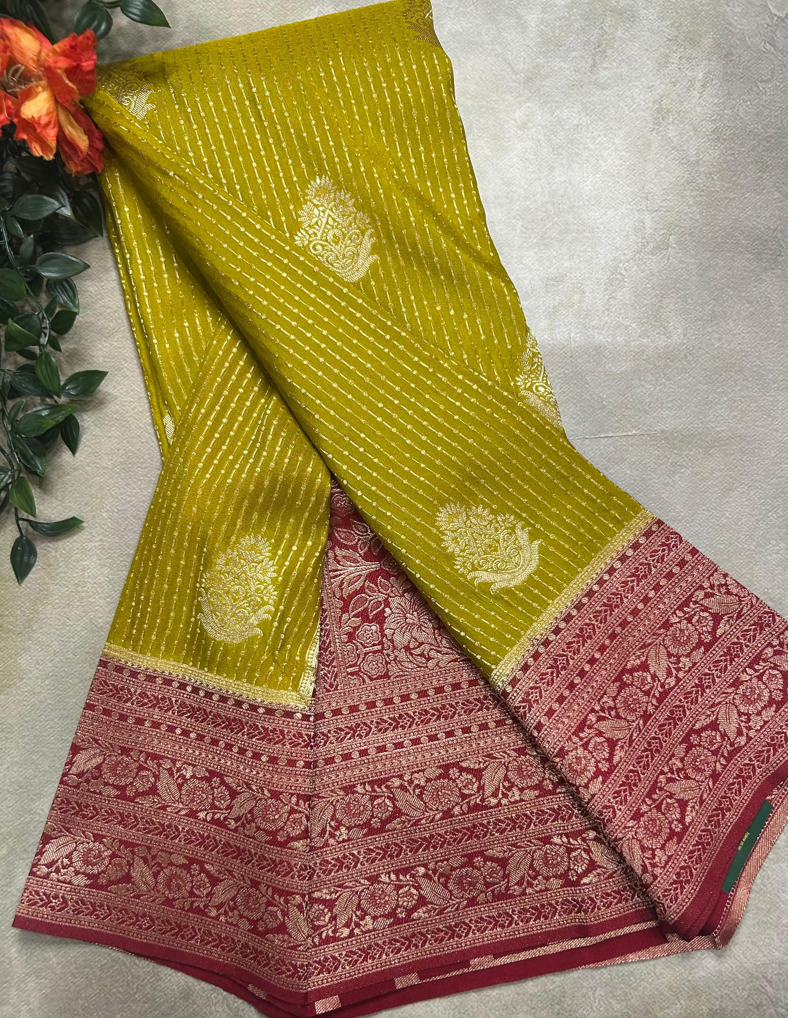 Olive yellow stripes semi soft-105 silk saree