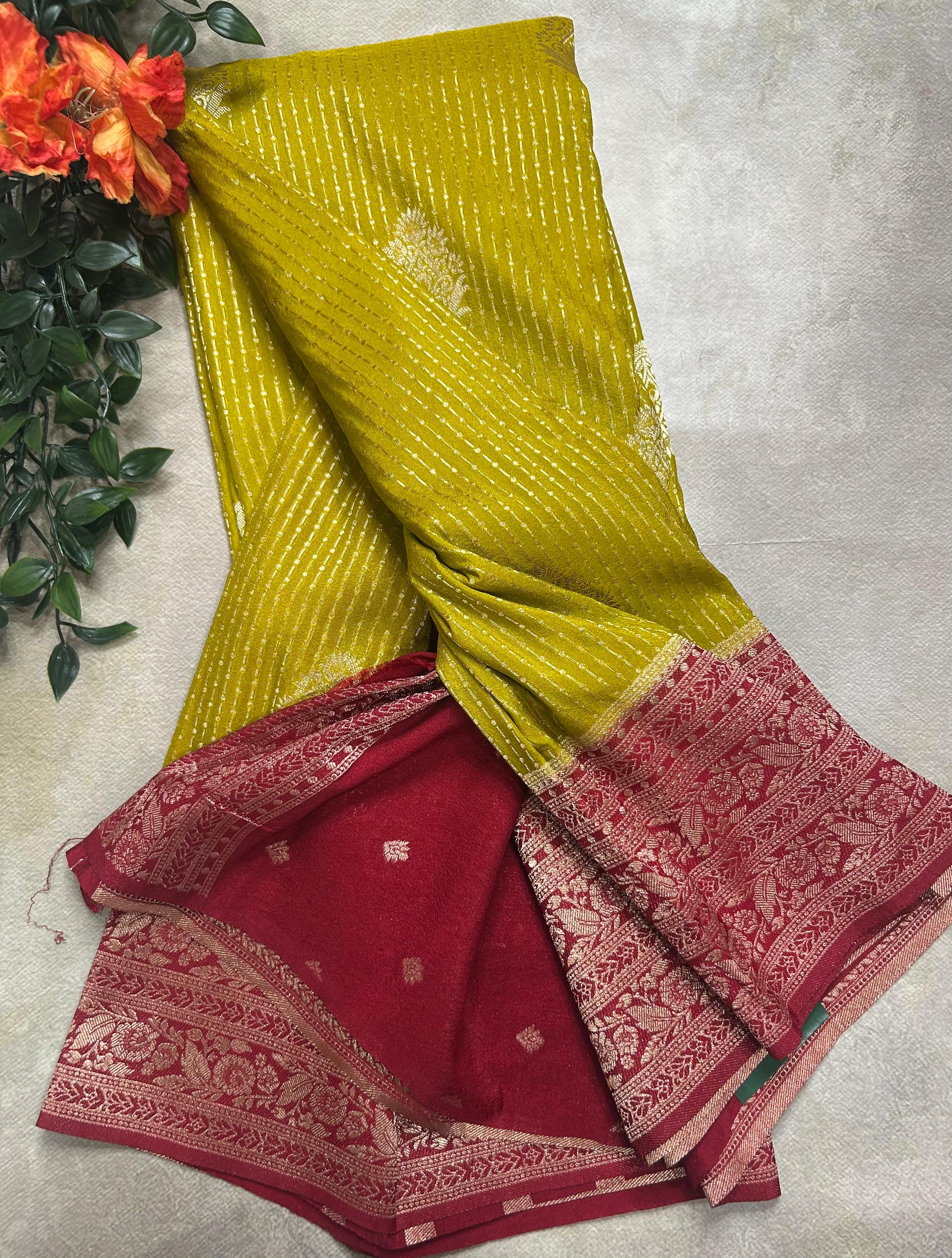 Olive yellow stripes semi soft-105 silk saree
