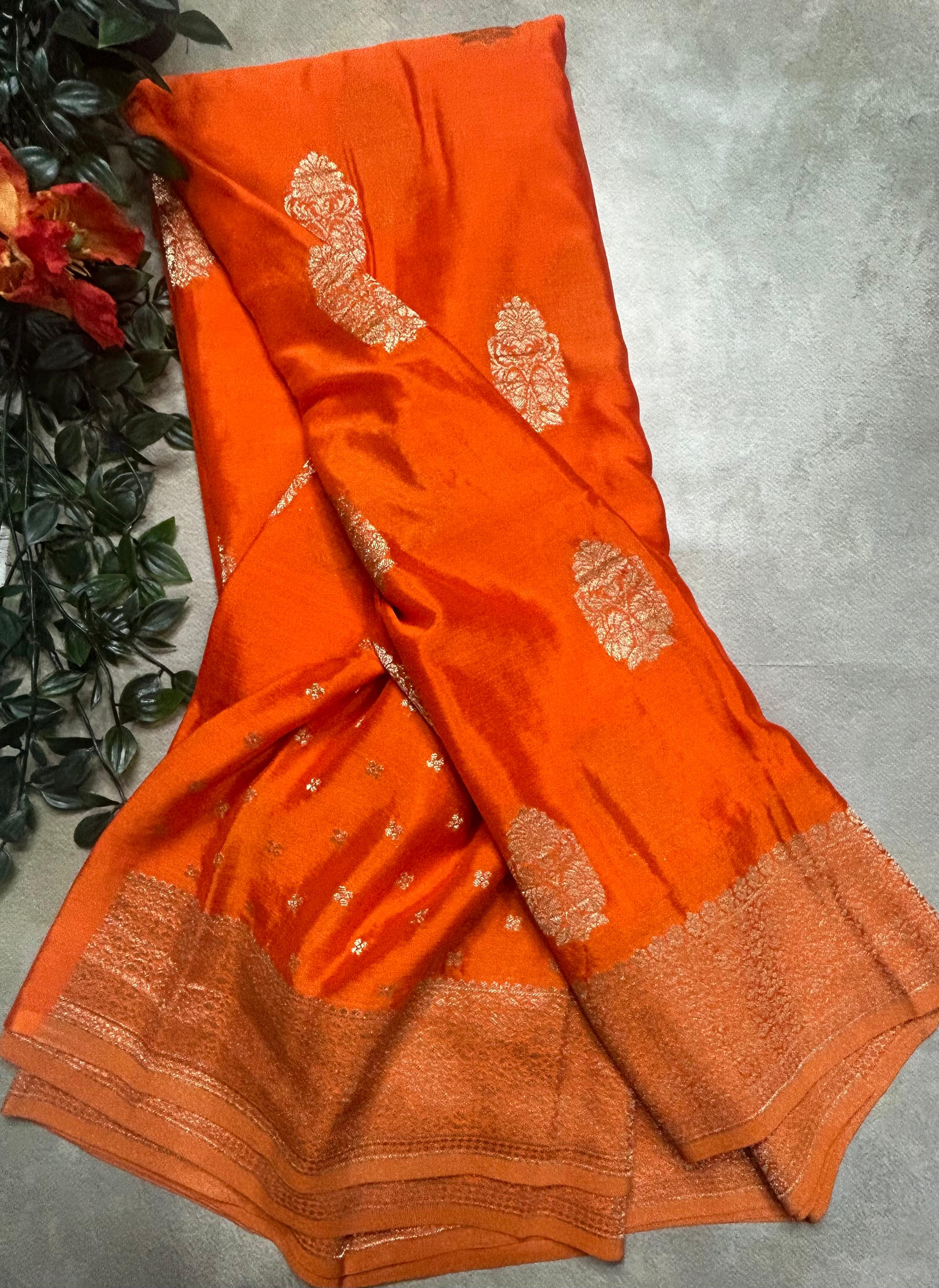 Orange big butta designer soft crepe silk