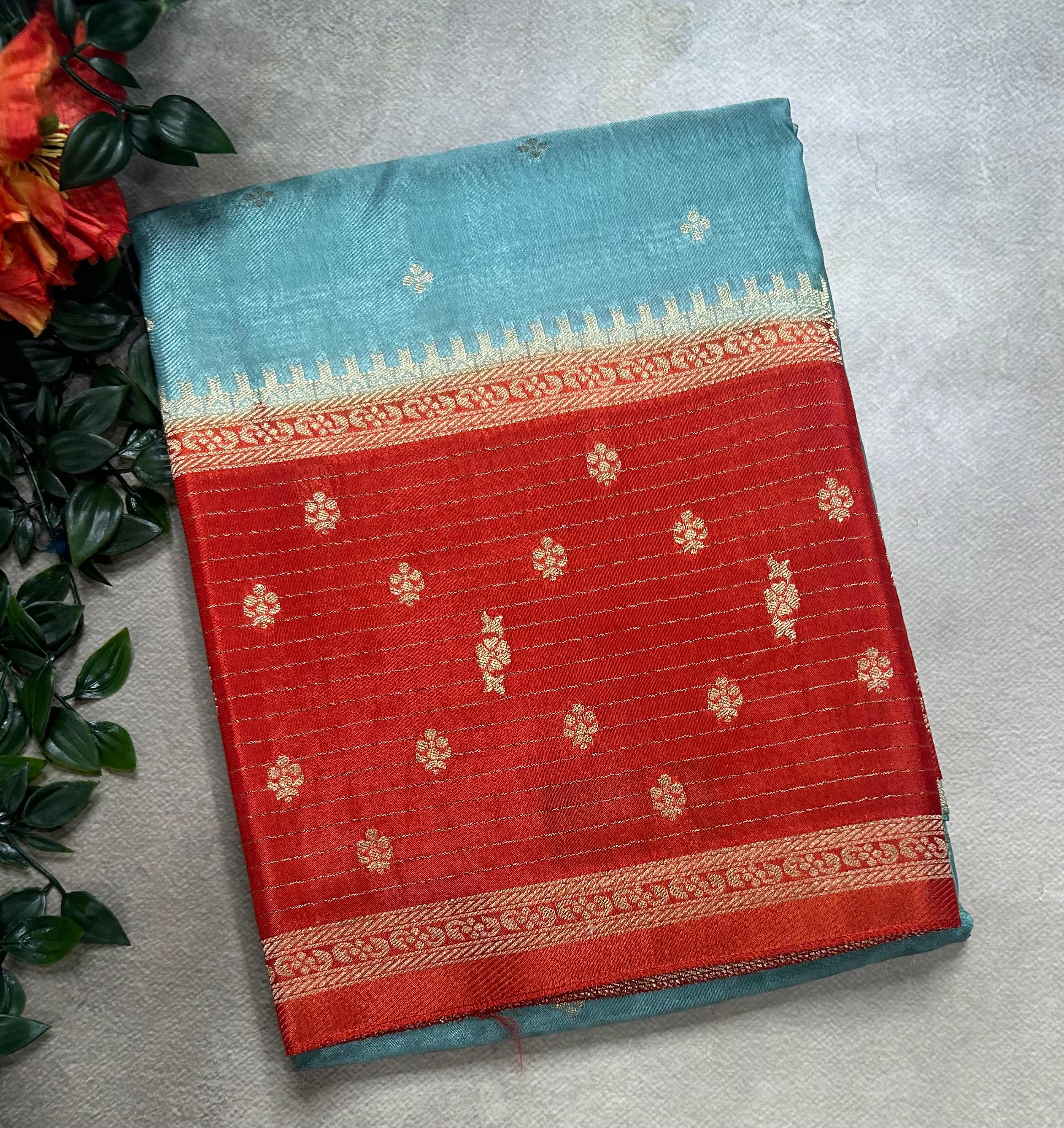 Sea green butta border semi mysore 105 saree