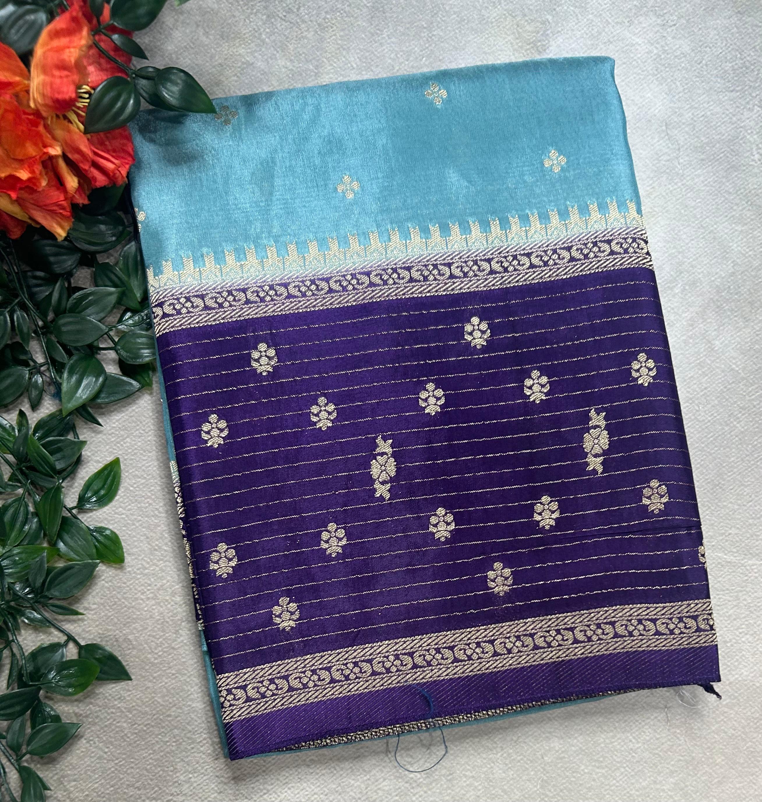 Sea blue butta border semi mysore 105 saree