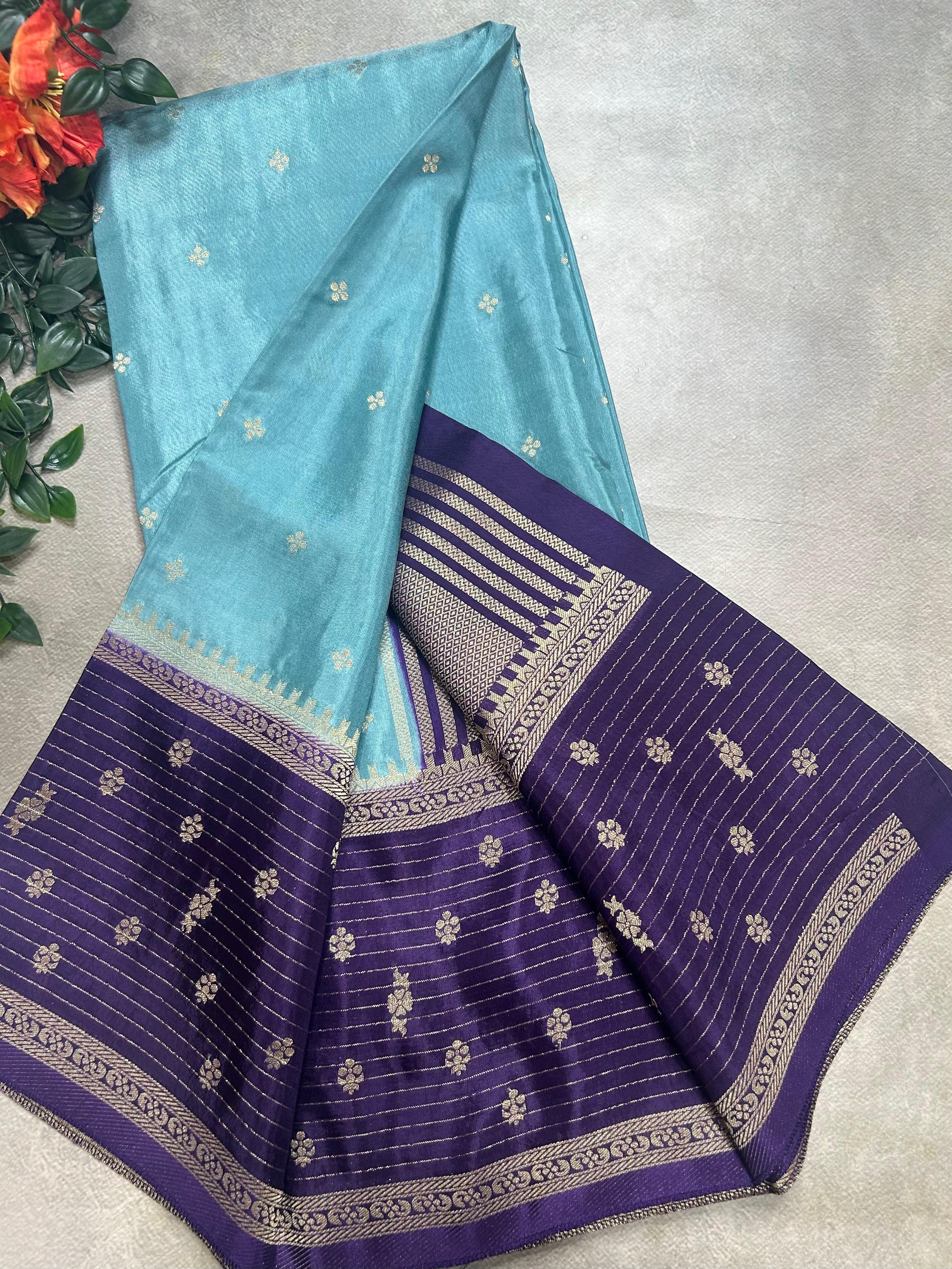 Sea blue butta border semi mysore 105 saree