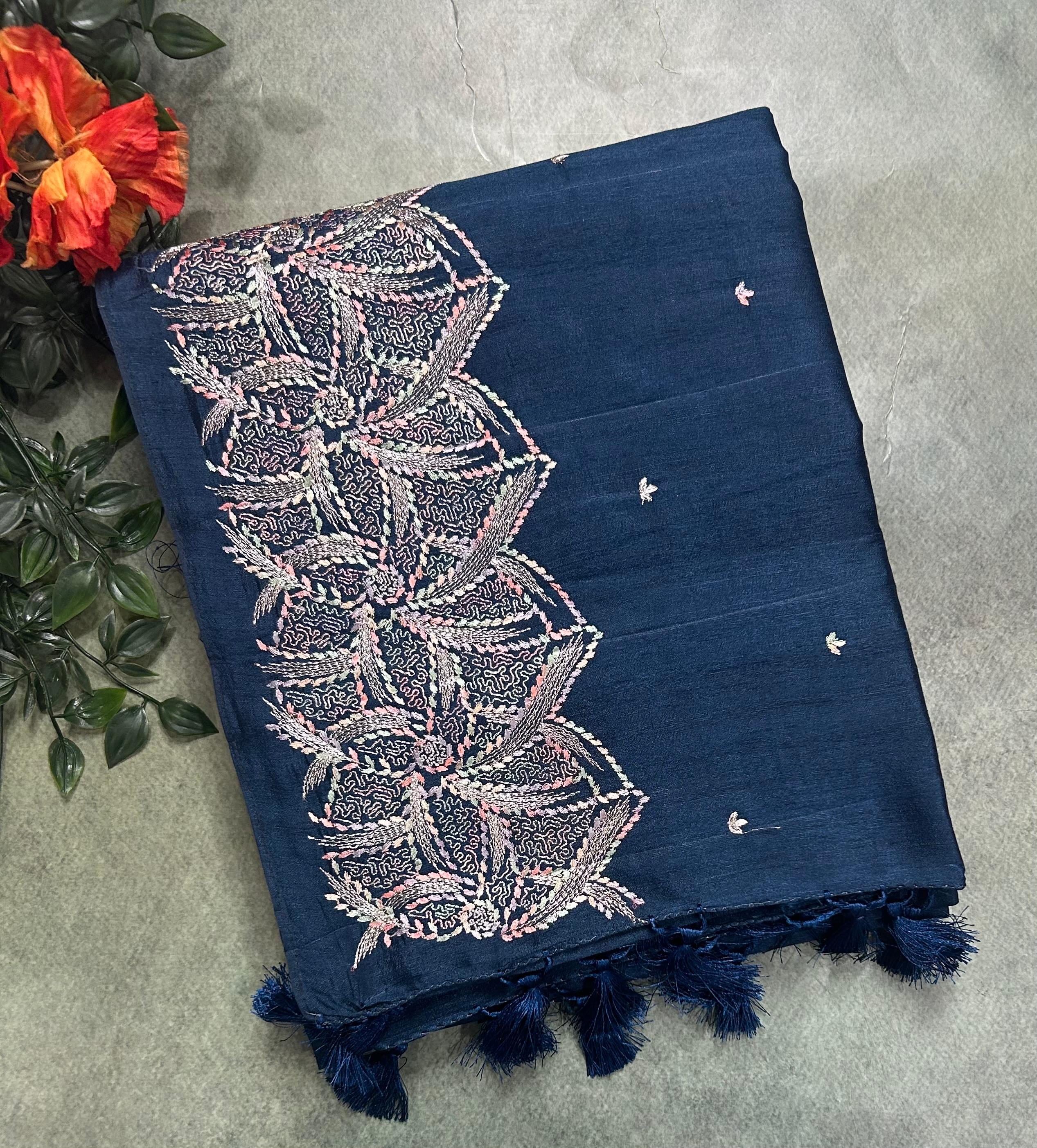 Peacock blue embroidery border semi Tussar 105 saree