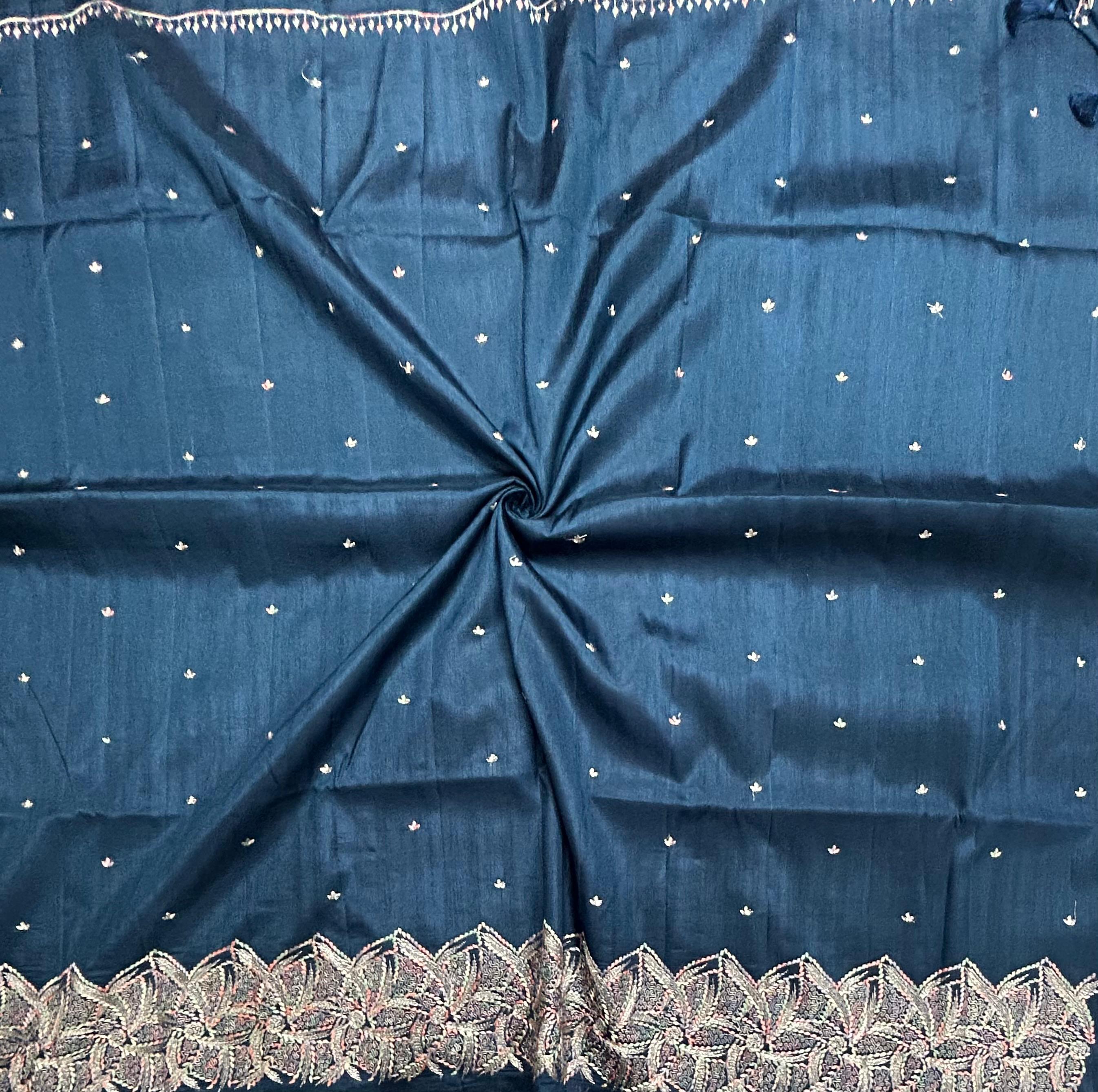 Peacock blue embroidery border semi Tussar 105 saree