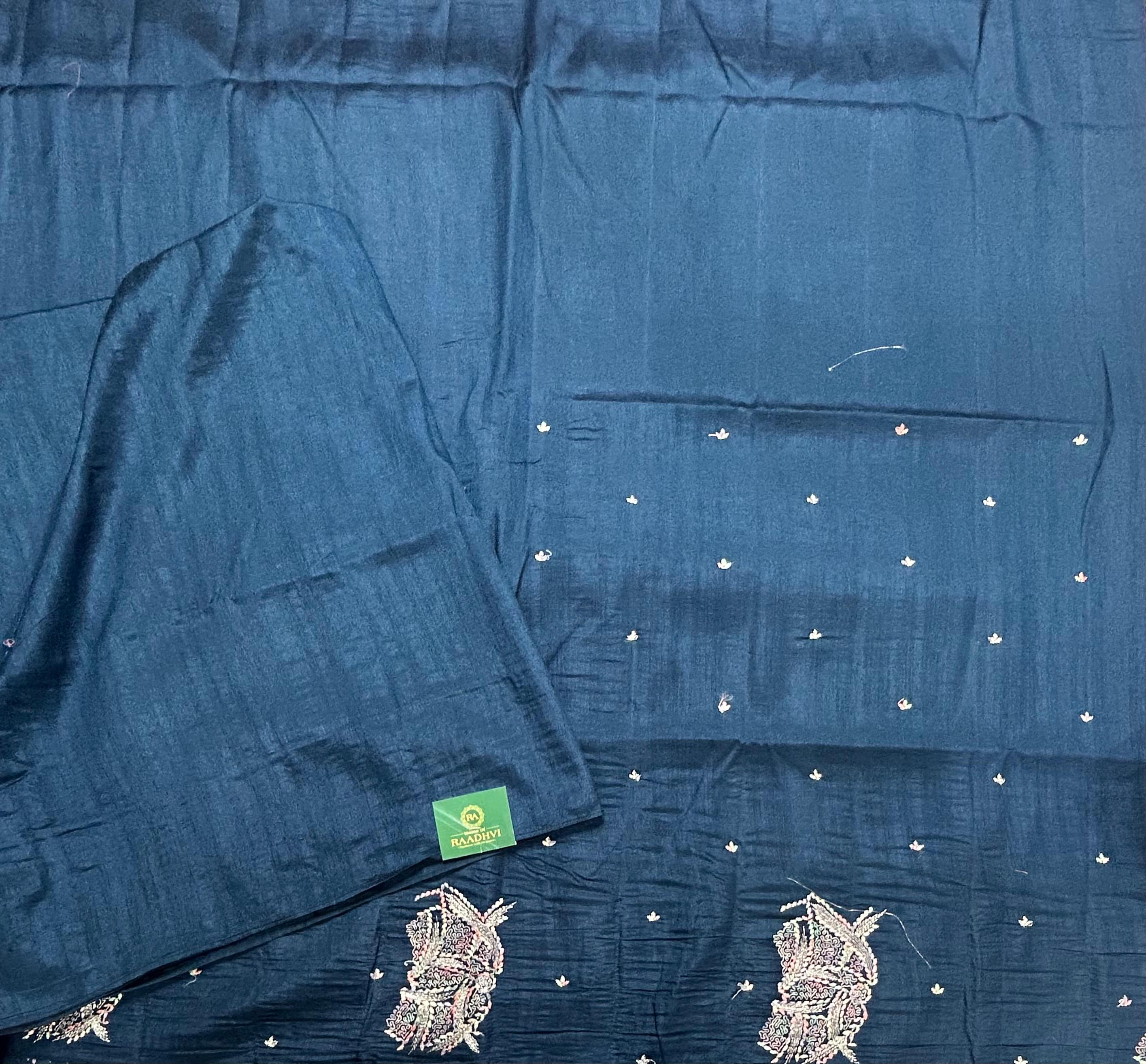Peacock blue embroidery border semi Tussar 105 saree